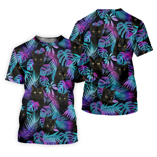 Funny Black Cat Purple Blue Gradient Hawaiian Golf Shirt, Golf Shirts For Men