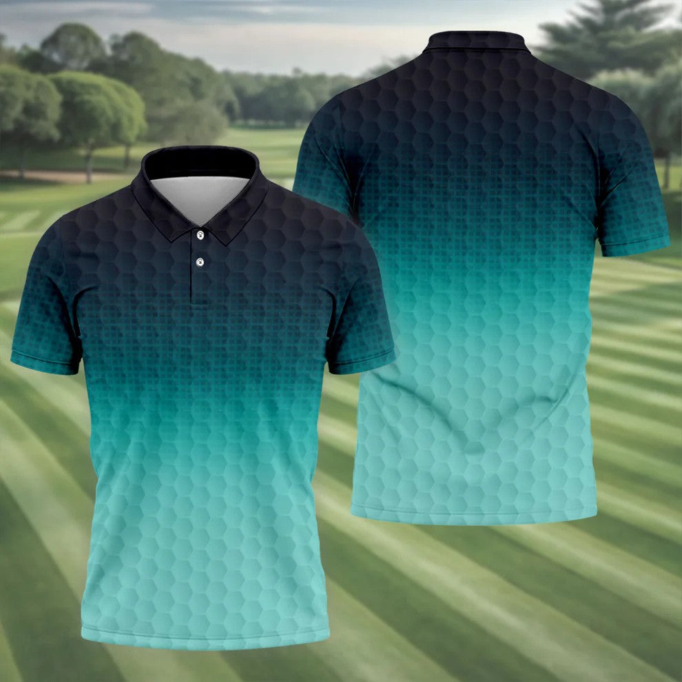 Turquoise Gradient Golf Ball Pattern Hawaiian Golf Shirt, Golf Shirts For Men