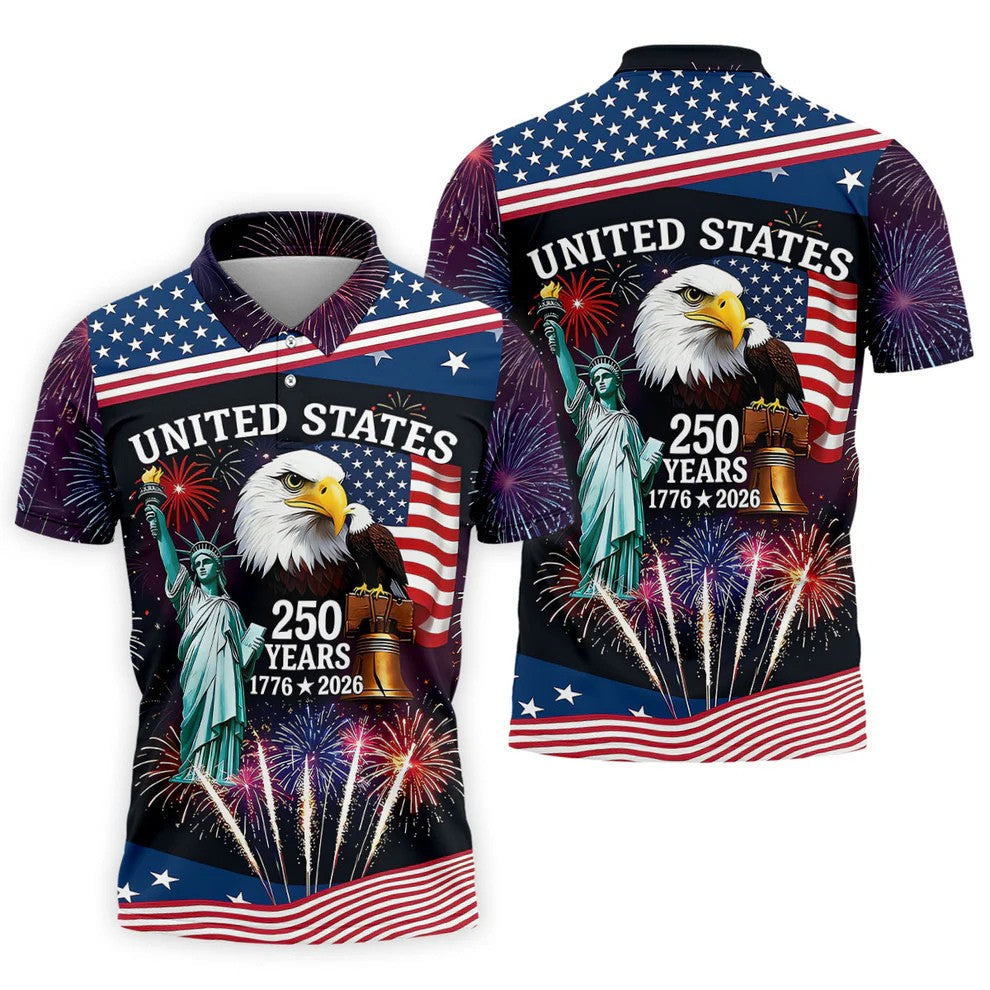 250 Years American Symbols US Flag Golf Shirt, Patriotic 4th Of July Golf Shirts For Men