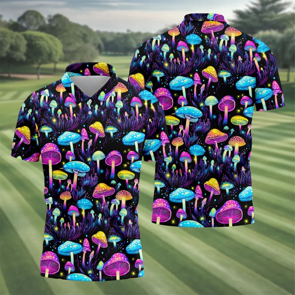 Colorful Neon Mushroom Fantasy Forest Golf Shirt, Mens Golf Polo, Golf Apparel For Men, Printed Golf Shirts