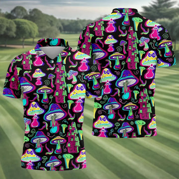 Black Neon Mushroom Pattern Golf Shirt, Mens Golf Polo, Golf Apparel For Men, Printed Golf Shirts