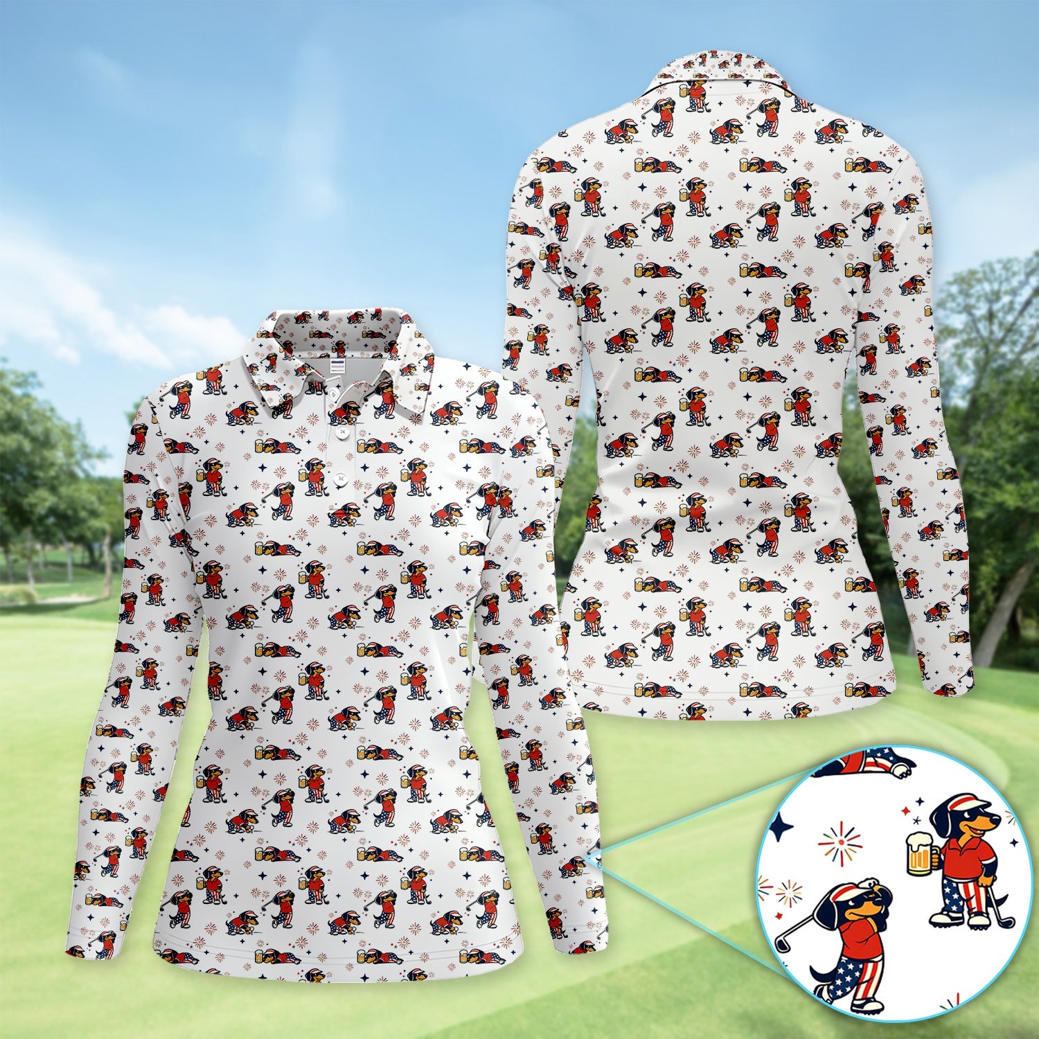 Funny Patriotic Golf Dog Polo Shirt, USA Dachshund Beer & Fireworks Pattern Shirt, 4th of July Golfer Gift For Women