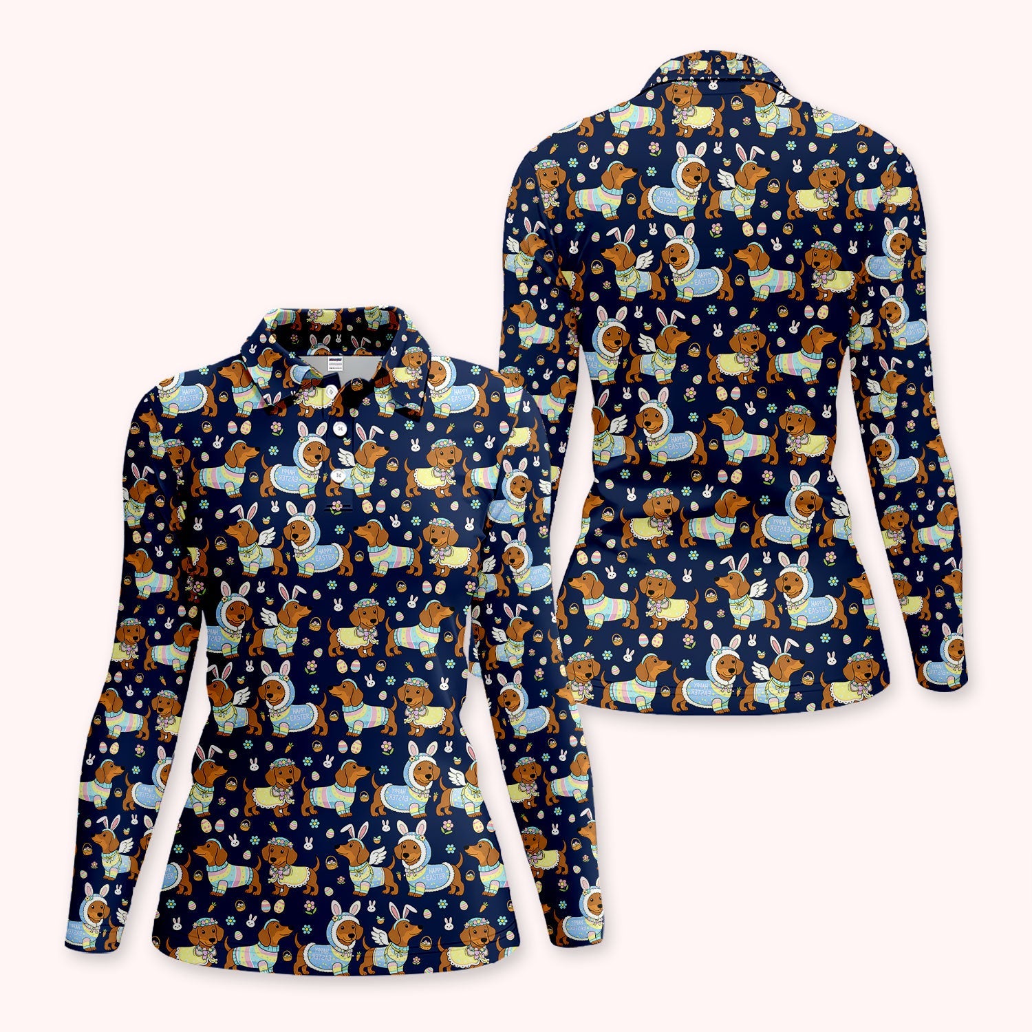 Dachshund Happy Easter Golf Polos, Easter Wiener Dog Pattern Golf Shirt, Golf Gift For Women