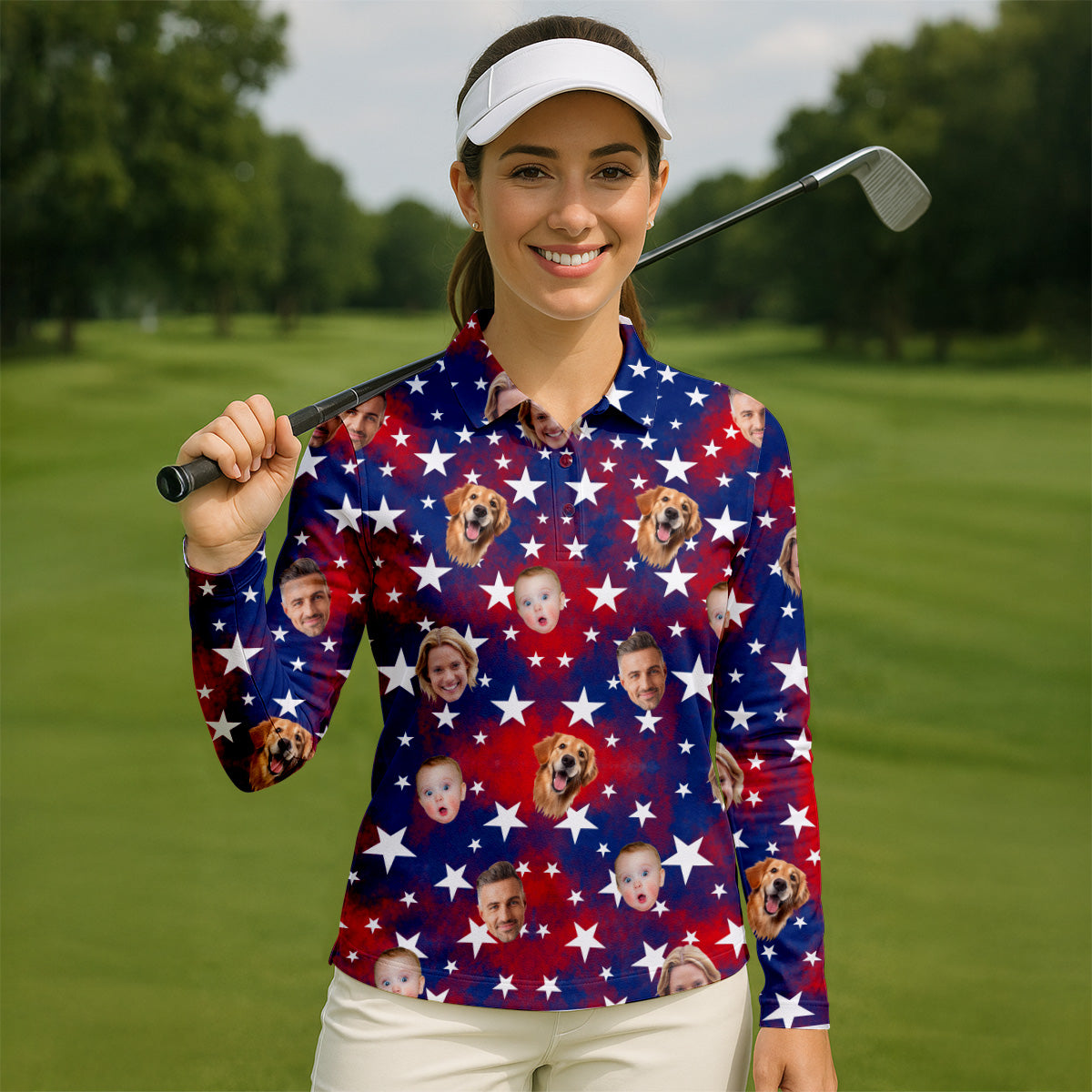 Golf Shirt Women, America Flag Golf Shirt For Ladies, Personalized Dog Shirts, Womens Golf Polo