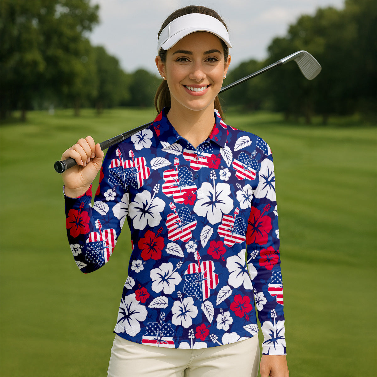 Tropical Hibiscus American Flag Womens Golf Polo Shirt Patriotic Golf Shirt, USA Golf Shirt Custom Ladies Golf Shirt