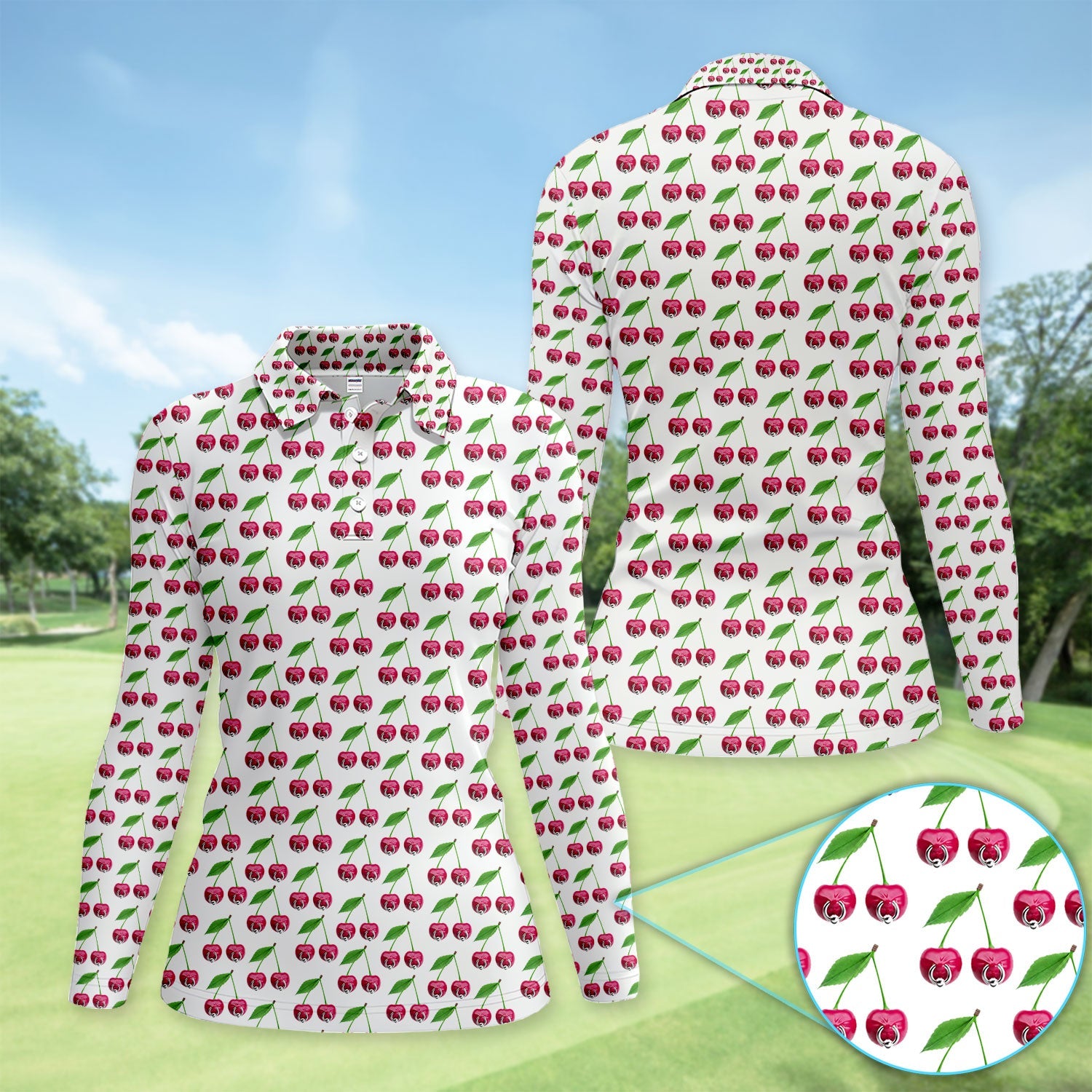 Cute Cherry Golf Pattern Shirt, Sweet Cherry Aesthetic Golf Shirt For Women, Fruit Lover Gift