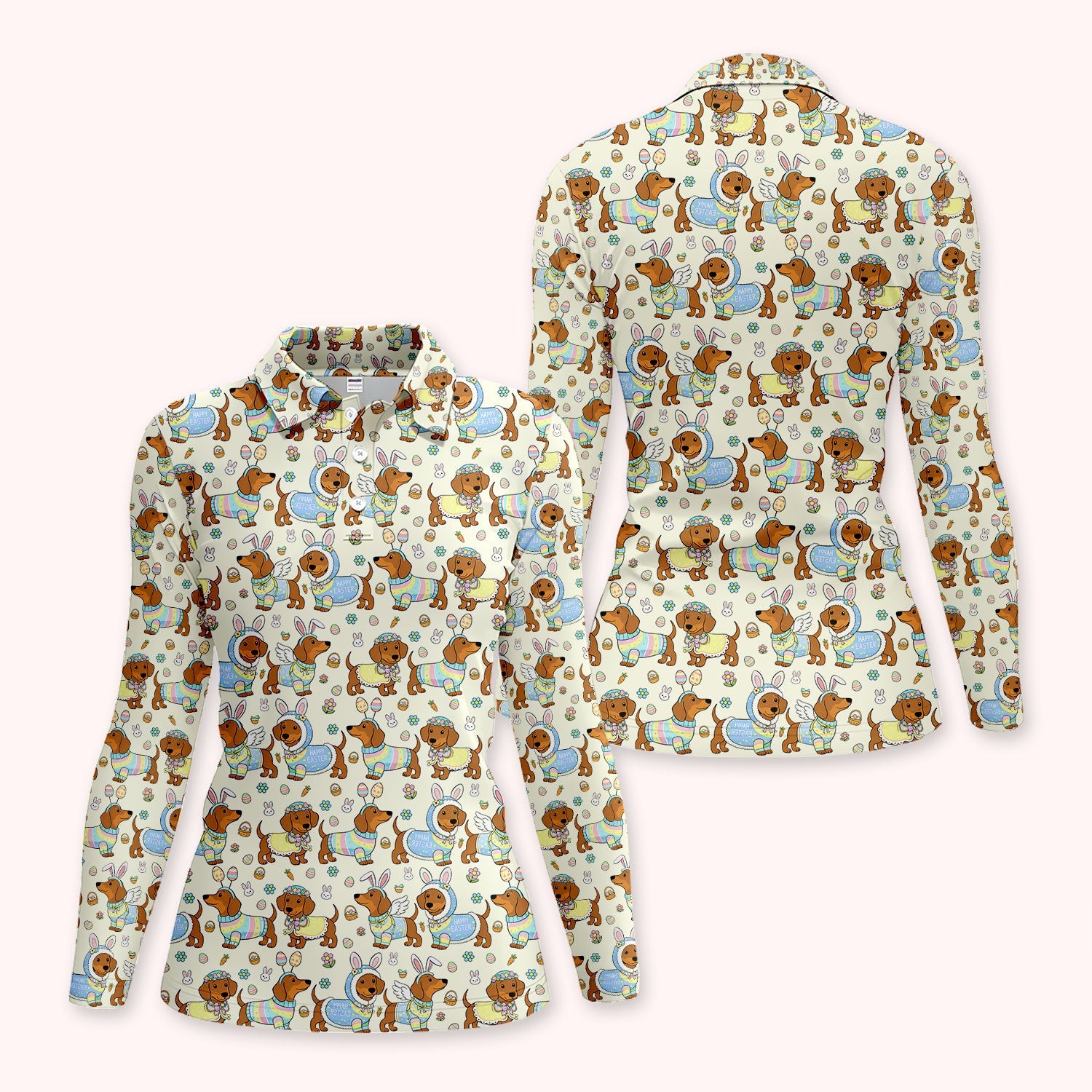 Dachshund Happy Easter Golf Polos, Easter Wiener Dog Pattern Golf Shirt, Golf Gift For Women