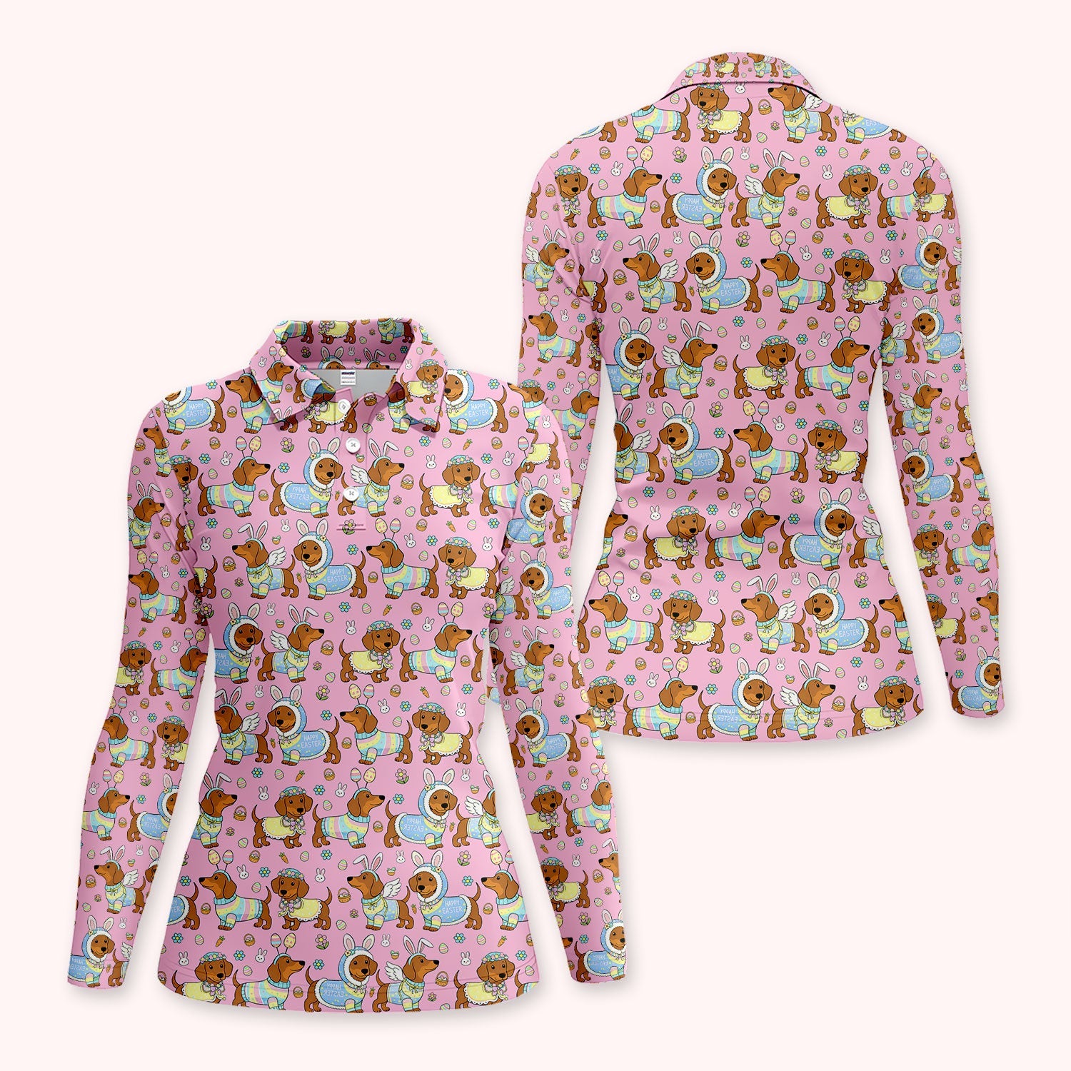 Dachshund Happy Easter Golf Polos, Easter Wiener Dog Pattern Golf Shirt, Golf Gift For Women