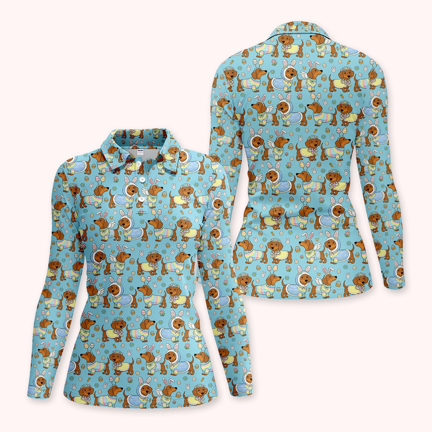Dachshund Happy Easter Golf Polos, Easter Wiener Dog Pattern Golf Shirt, Golf Gift For Women