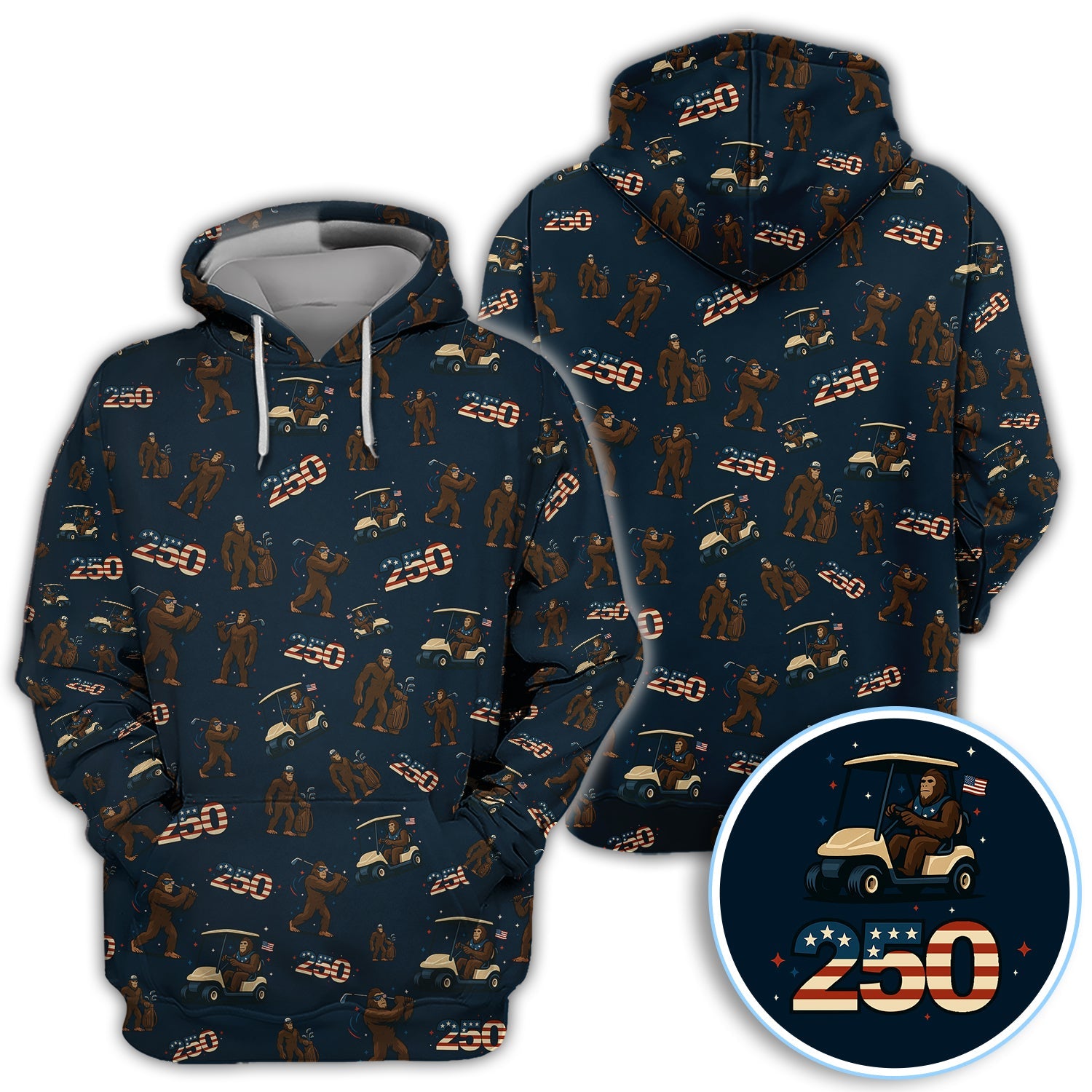 Crazy Bigfoot Golf Polos For Golfer, Patriotic 250th Anniversary Pattern Golf Shirt, Funny Golf Gift For Men