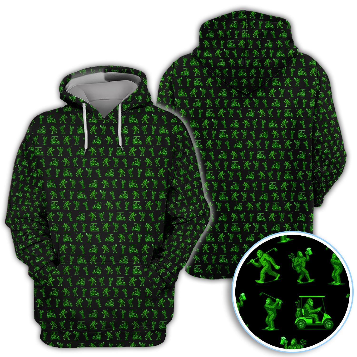 Bigfoot Golf Pattern Shirt, Funny Sasquatch Golf Polos For Men, Neon Green Golf Shirt For Golfer
