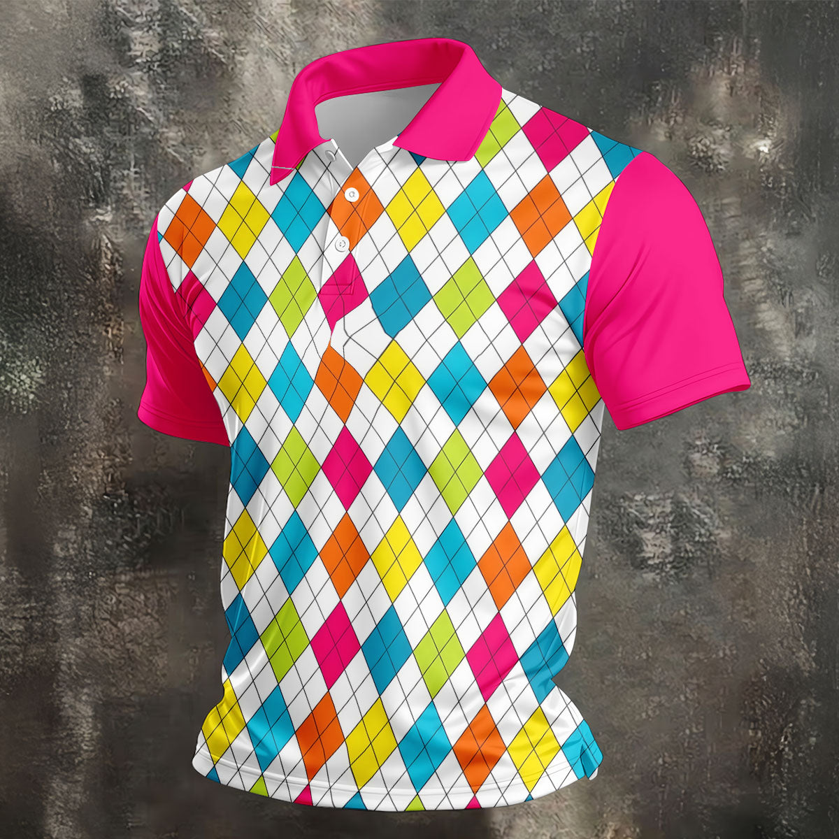 Pink Sleeve Colorful Argyle Plaid Golf Shirt, Mens Golf Polo, Printed Golf Shirts