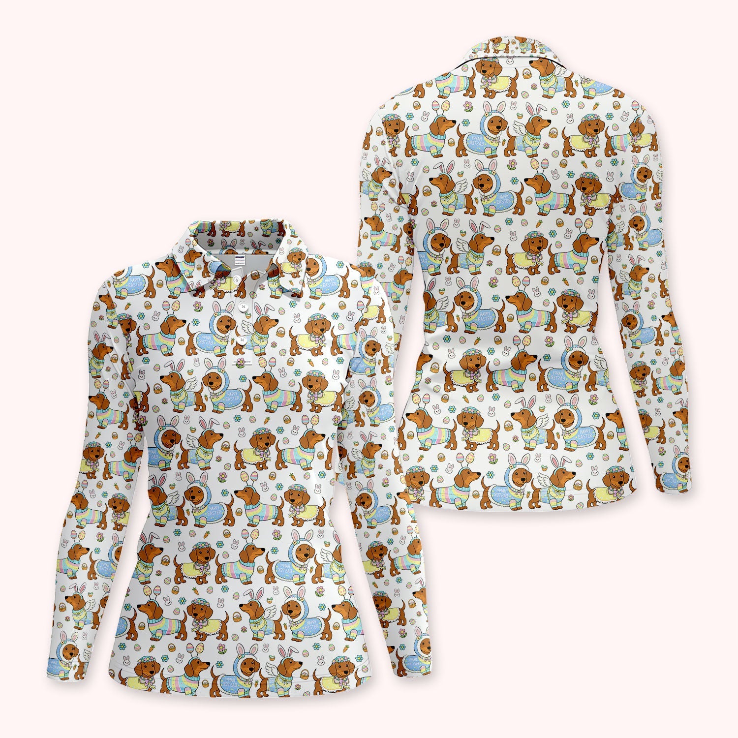 Dachshund Happy Easter Golf Polos, Easter Wiener Dog Pattern Golf Shirt, Golf Gift For Women
