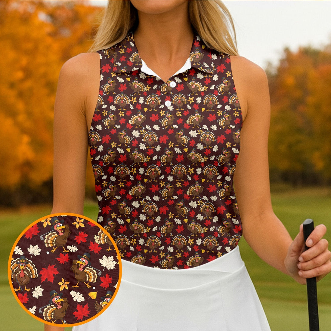 Funny Thanksgiving Turkey Golf Pose Women Golf Top, Ladies Golf Polos, Golf Gifts For Women