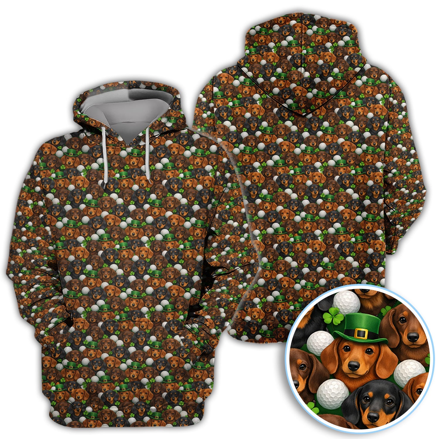 Dachshund St. Patrick’s Day Golf Polos, Wiener Dog Pattern Golf Shirt For Men, Funny Golf Gift For Golfer