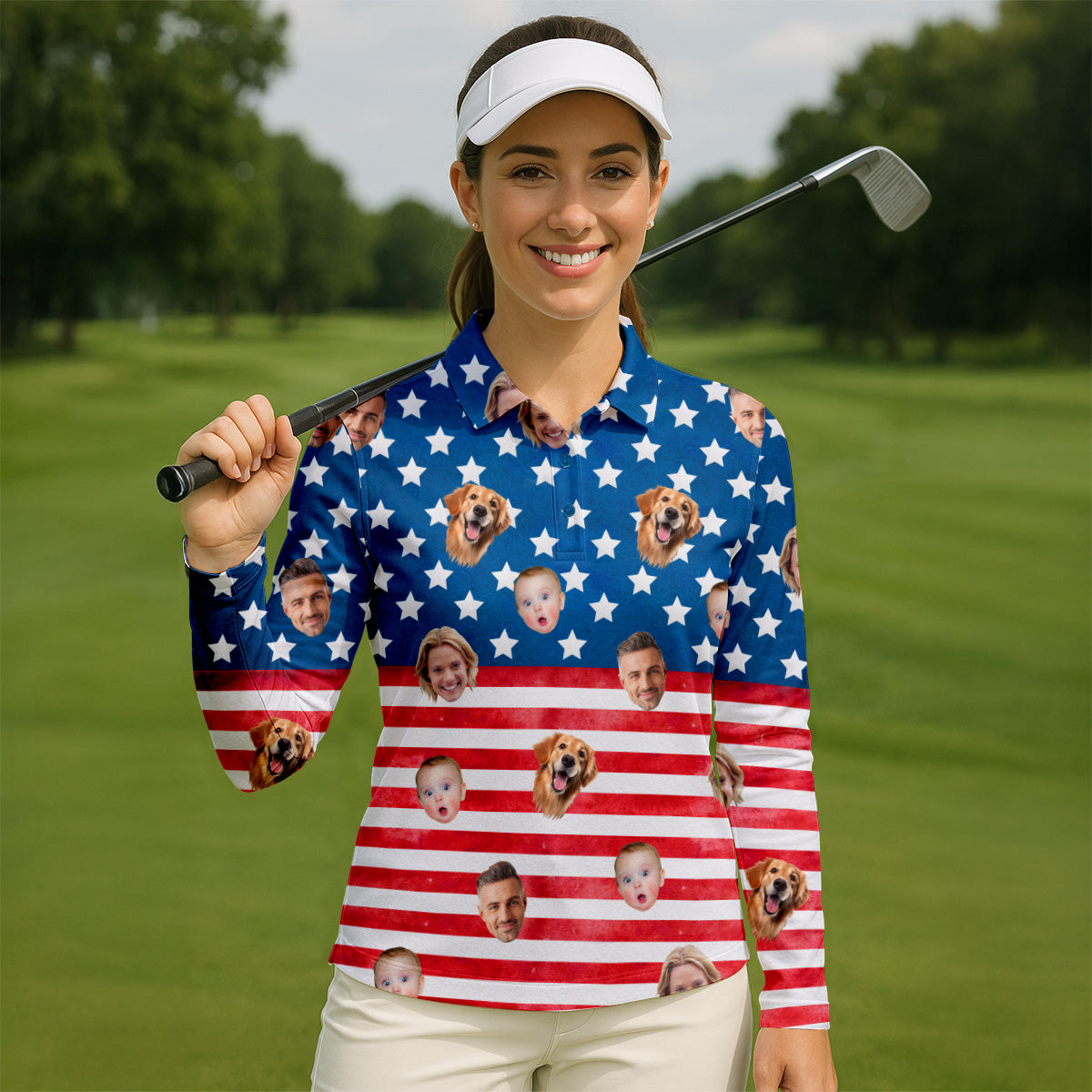 Custom Face Shirt, Personalized Dog Shirts, American Flag Golf Shirt, Long Sleeve Golf Shirts, Golf Tops For Women, Family Portrait Golf Shirt