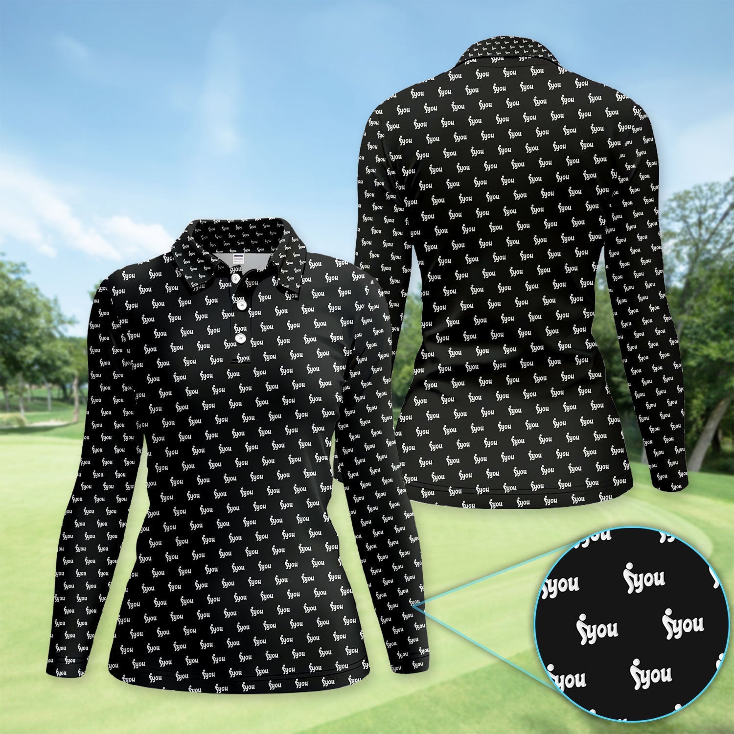 Minimalist Black Logo Golf Pattern Shirt, Monogram Streetwear Golf Shirt For Women, Trendy Gift