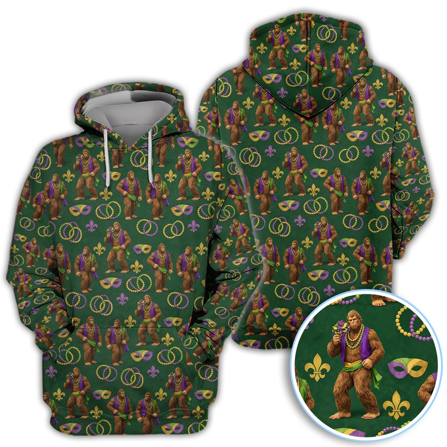 Bigfoot Mardi Gras Pattern Golf Polos, Sasquatch Holiday Golf Shirt, Golf Gift For Golfer