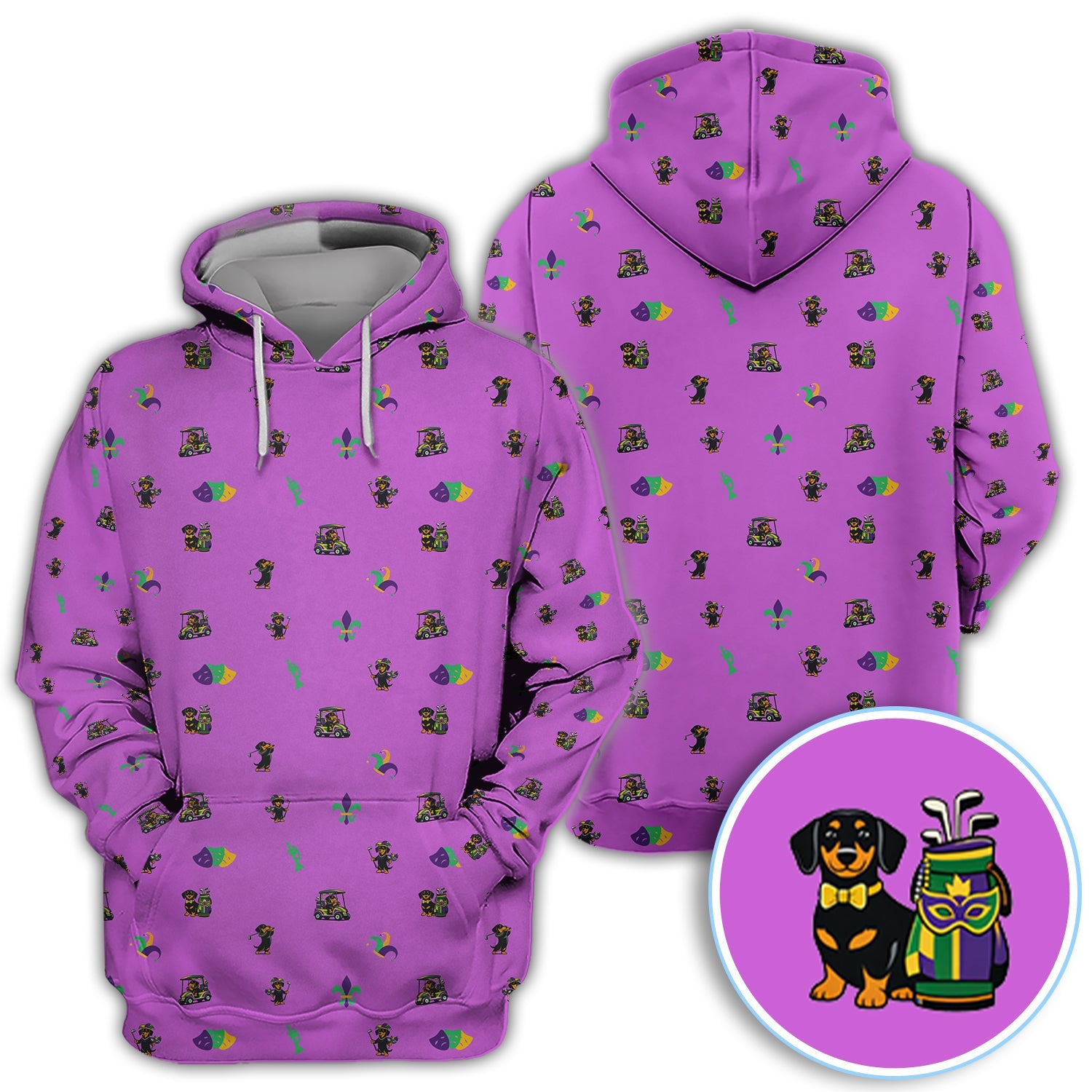 Mardi Gras Dachshund Golf Polos For Golfer, Funny Wiener Dog Pattern Golf Shirt, Golf Gift For Men