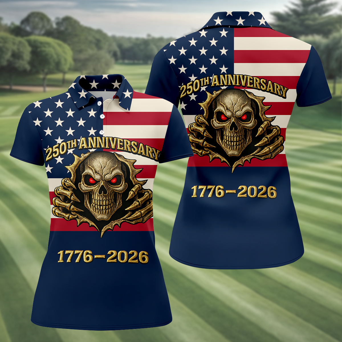 Patriotic American Flag Cool Skull 250th Anniversary Women's Golf Tops, Ladies Golf Shirts, Golf Gift For Ladies