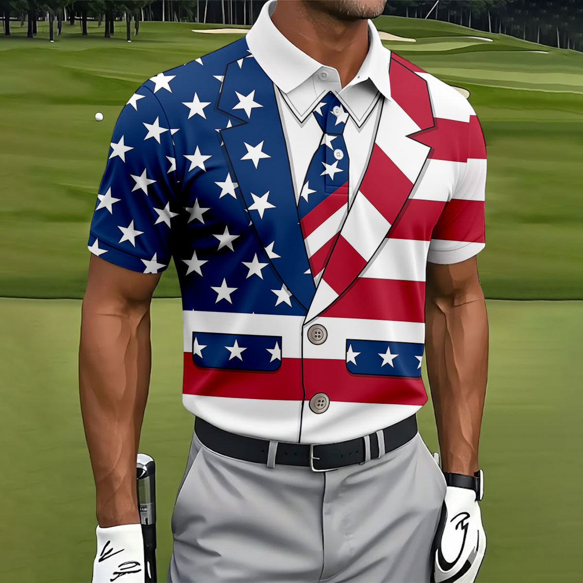 US Flag Tuxedo Costume Patriotic 4th Of July Golf Shirt, 250 Years Polo Shirts For Men