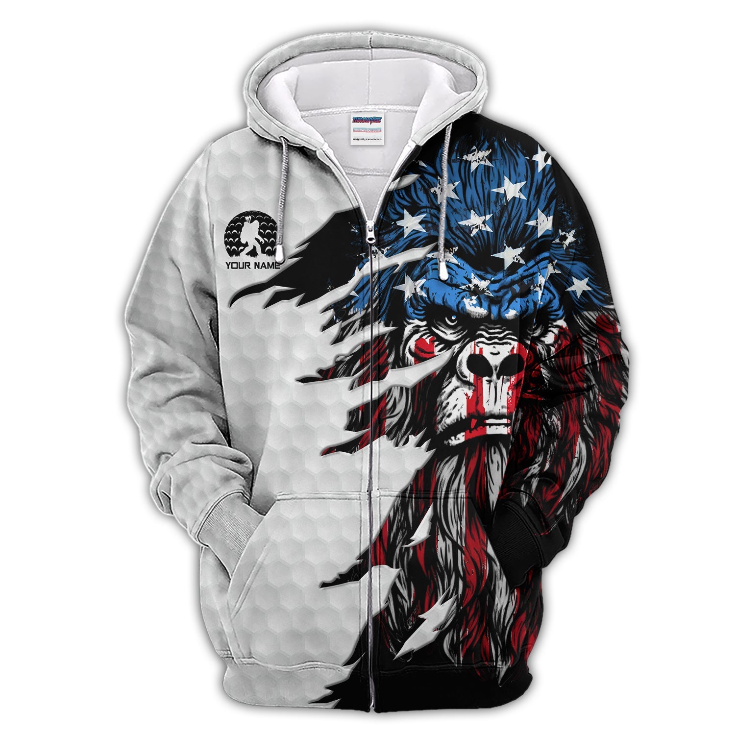 Personalized Patriotic Bigfoot Polos, Custom Name American Flag Bigfoot Golf Shirt, Golf Gift For Golfer