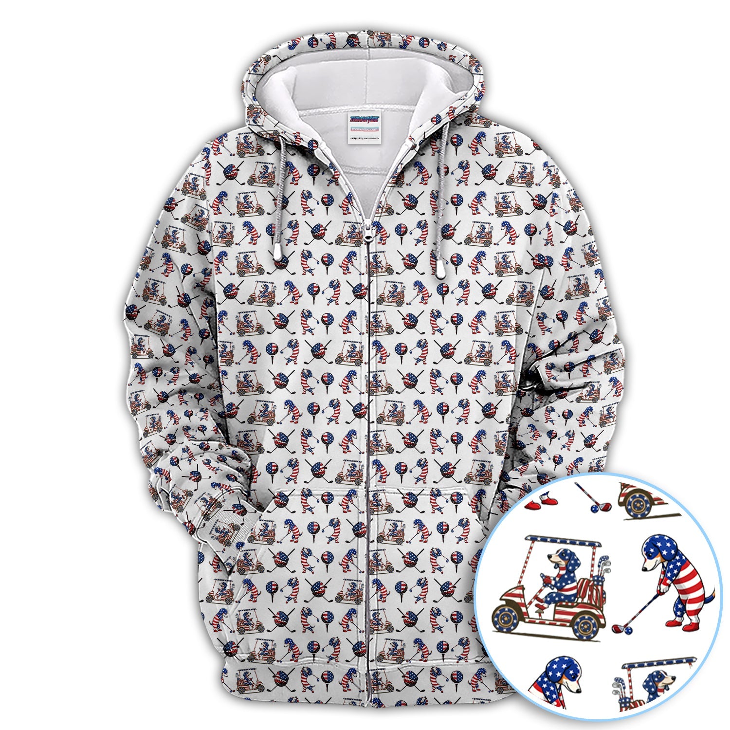 Patriotic Dachshund Golf Polos, USA Flag With Wiener Dog Pattern Golf Shirt, Funny Golf Gift For Golfer