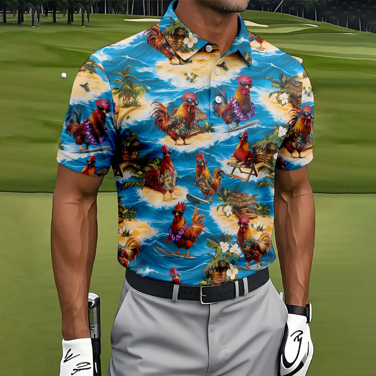 Cool Rooster Beach Vacation Hawaiian Golf Shirt, Mens Golf Polo, Printed Golf Shirts