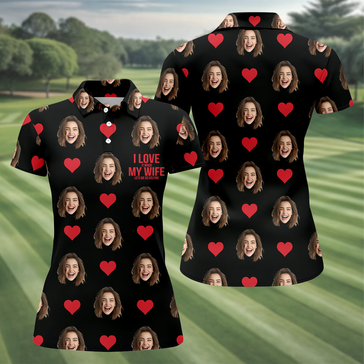 I Love My Wife Custom Photo Black Golf Shirt, Valentines Golf Gift, Women Golf Top, Ladies Golf Polos