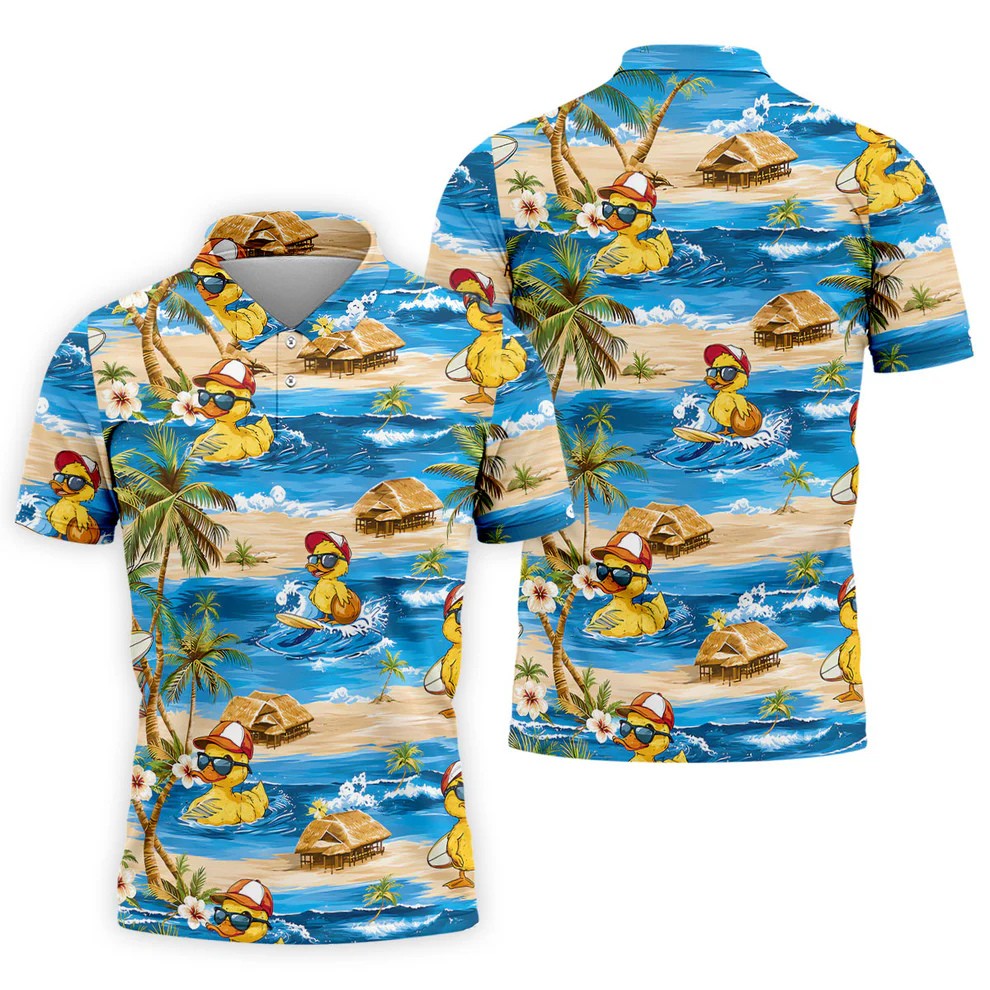 Cool Duck Hawaiian Golf Shirt, Surfing Duck Beach Men's Golf Polo, Polo Shirts For Men