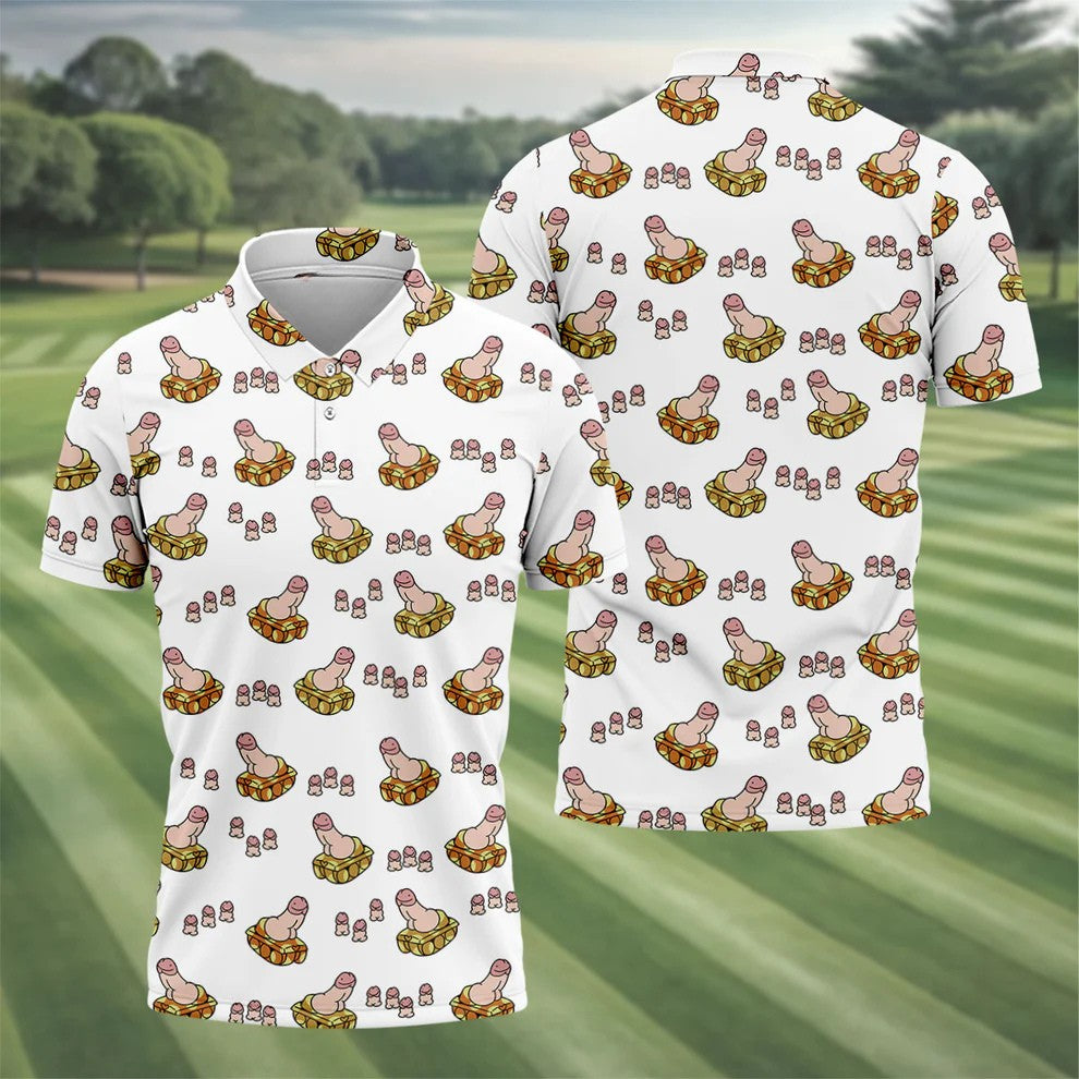 White Funny Adult Novelty Tank Pattern Golf Shirt, Golf Shirts For Men, Printed Golf Shirts