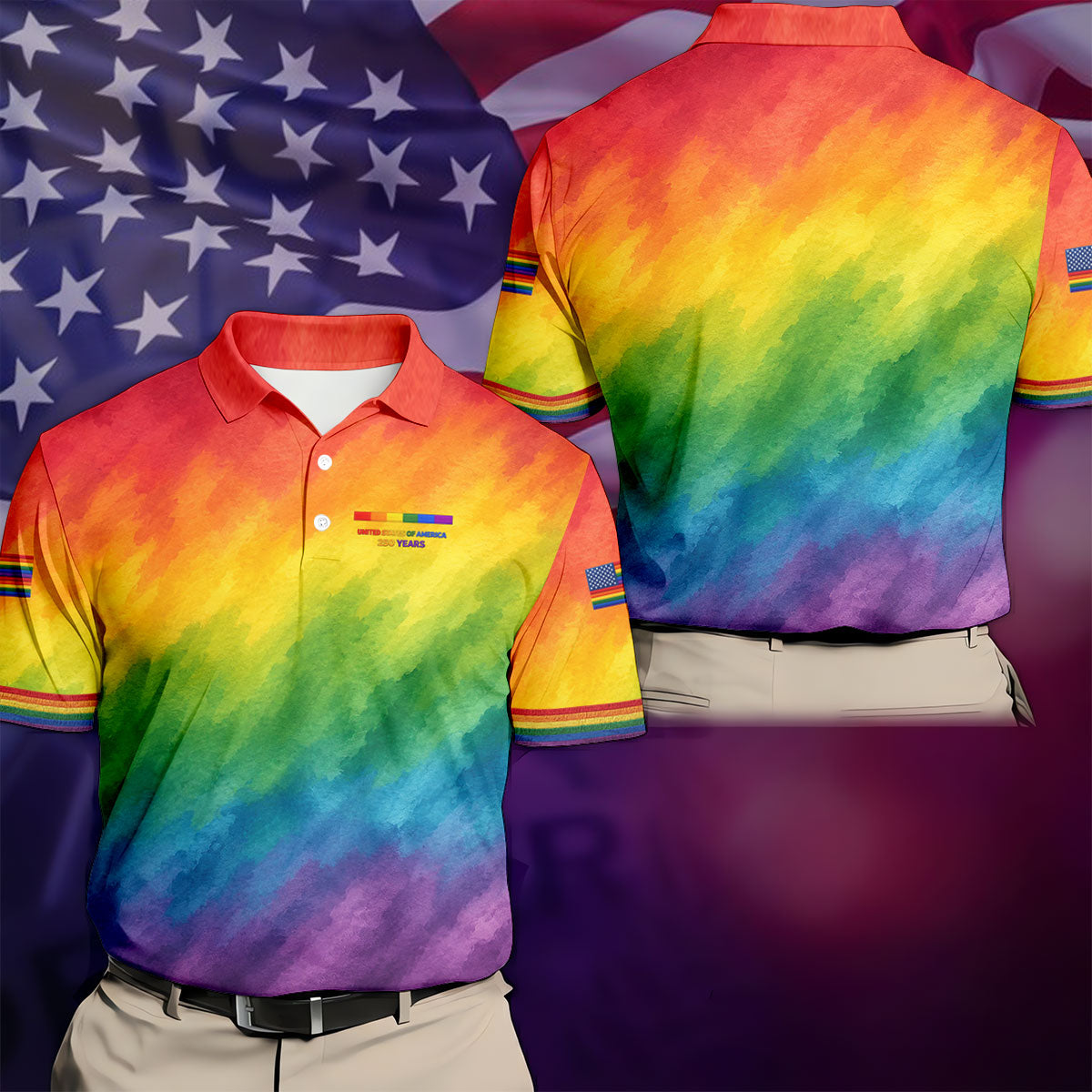 USA 250 Years LGBT Rainbow Golf Tops For Men, LGBT Pride Month Patriotic Golf Shirt