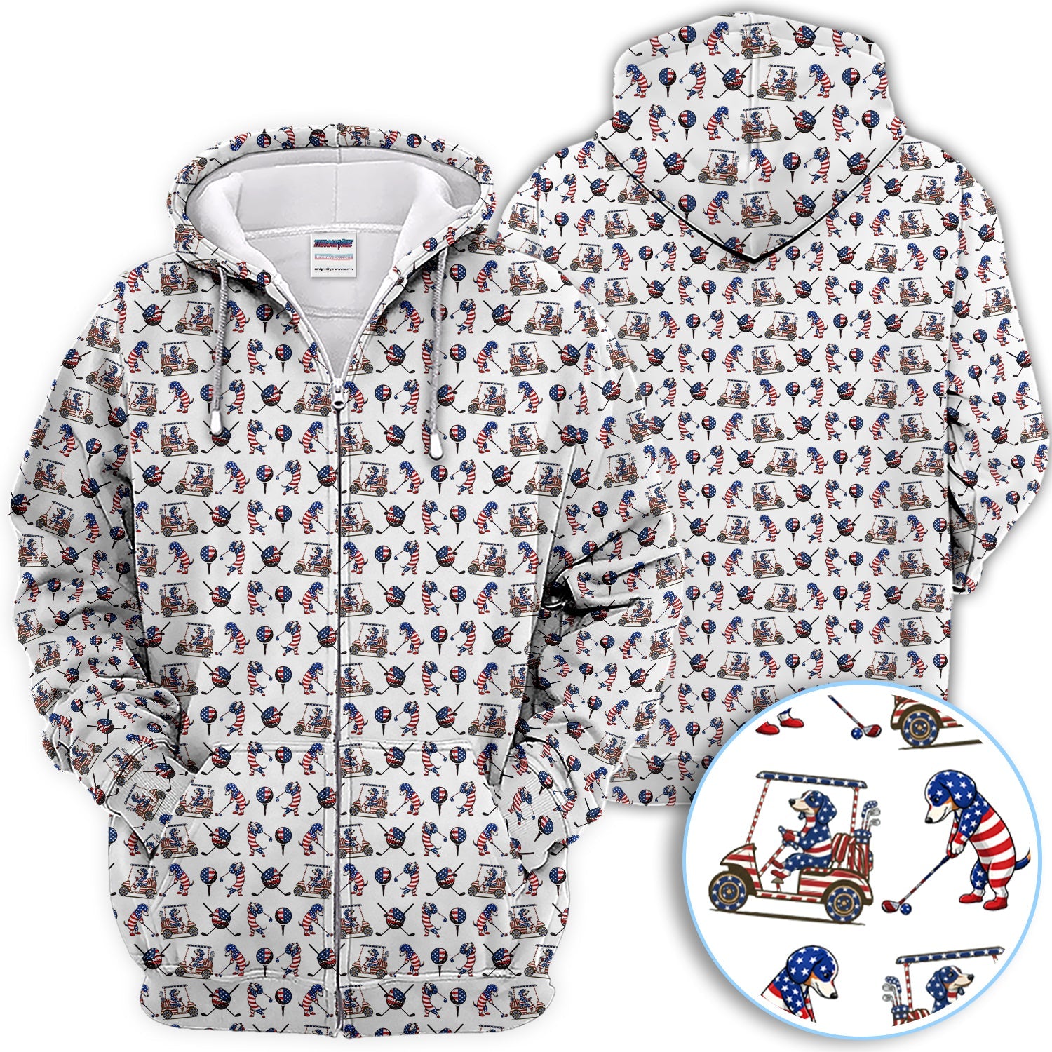 Patriotic Dachshund Golf Polos, USA Flag With Wiener Dog Pattern Golf Shirt, Funny Golf Gift For Golfer