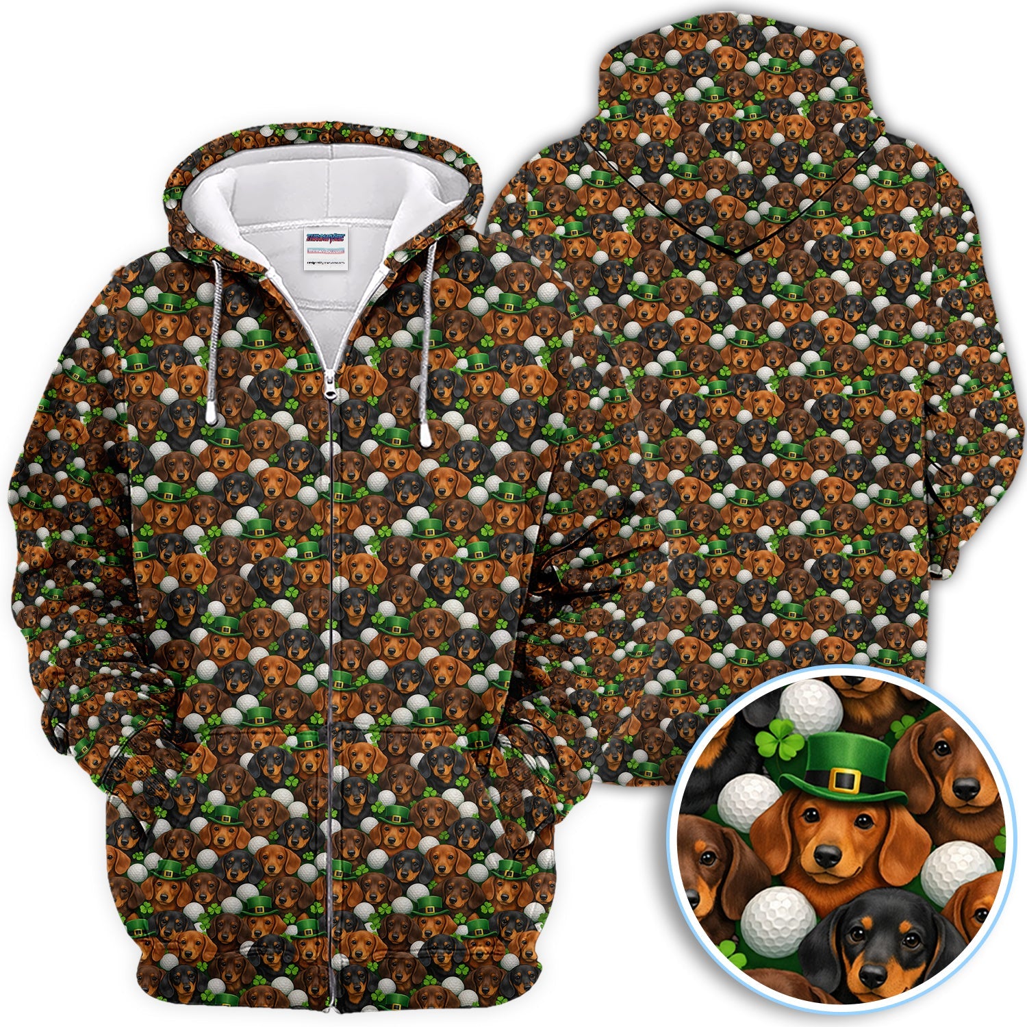 Dachshund St. Patrick’s Day Golf Polos, Wiener Dog Pattern Golf Shirt For Men, Funny Golf Gift For Golfer