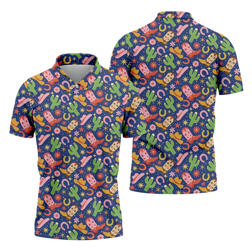 Western Cowboy Golf Shirt, Desert Cactus Horseshoe Pattern, Golf Shirt For Men
