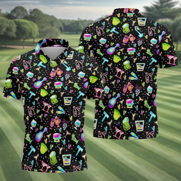 Neon Cocktail Party Pattern Design Hawaiian Golf Shirt, Golf Shirts For Men, Polo Shirts For Men