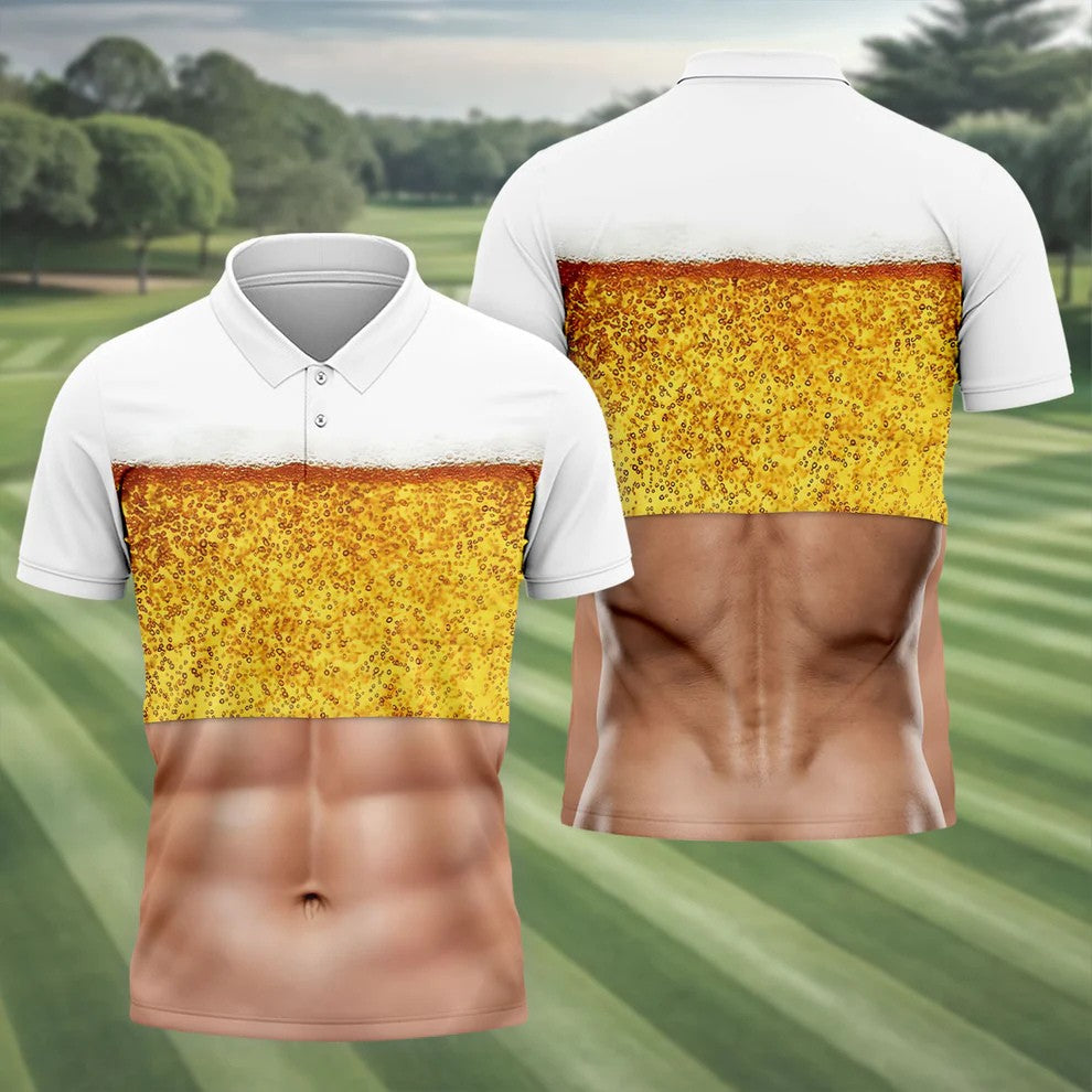 Bubbly Beer Foam Faux Abs Sleeveless Crop Golf Shirt, Printed Golf Shirts, Mens Golf Apparel