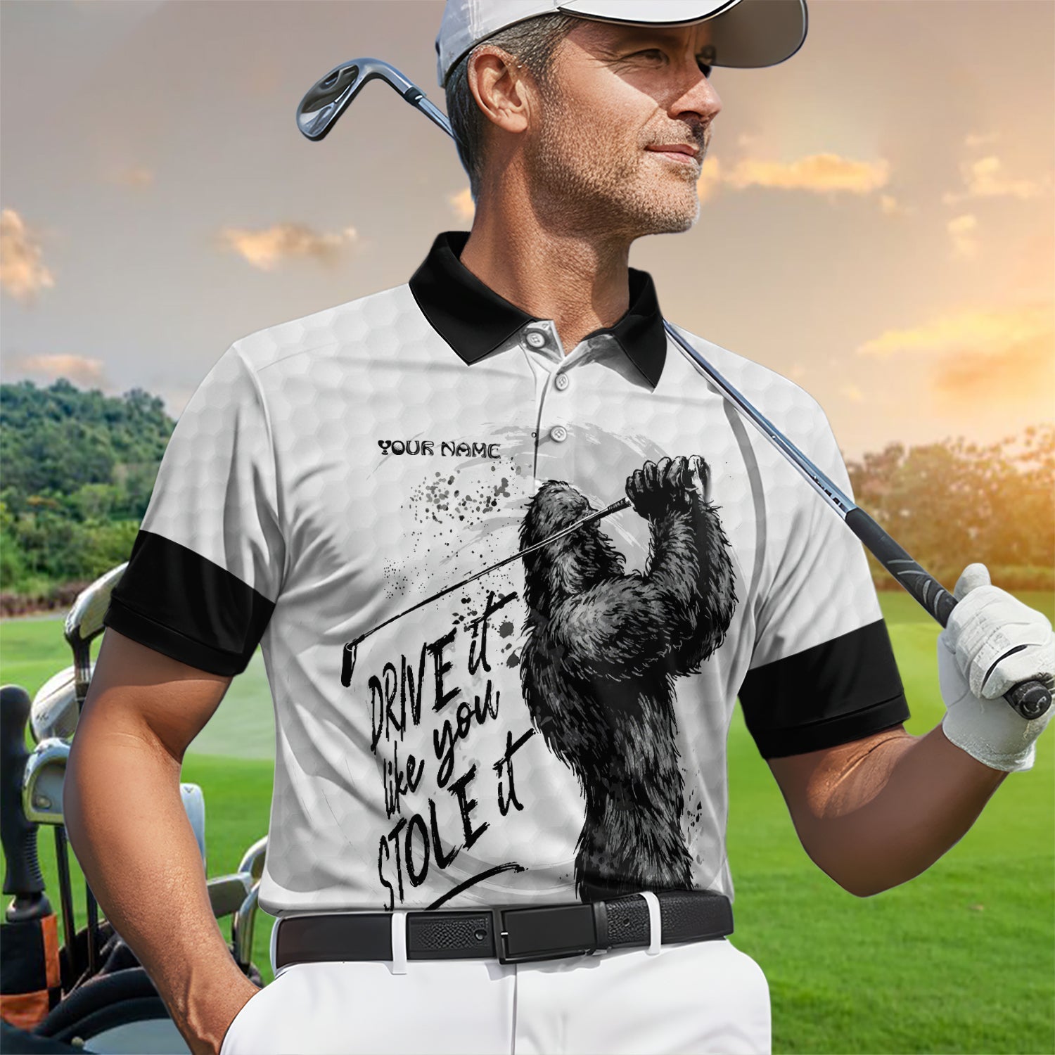Bigfoot Golf Polos, Drive It Like You Stole It Men’s Golf Shirt, Crazy Golf Gift For Golfer