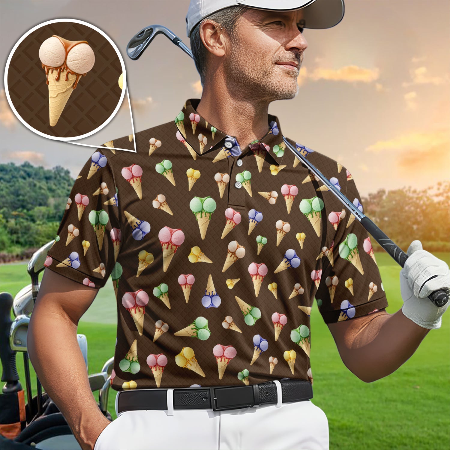 Ice Cream Pattern Golf Polos, Funny Golf Shirt For Golfer, Golf Gift For Men