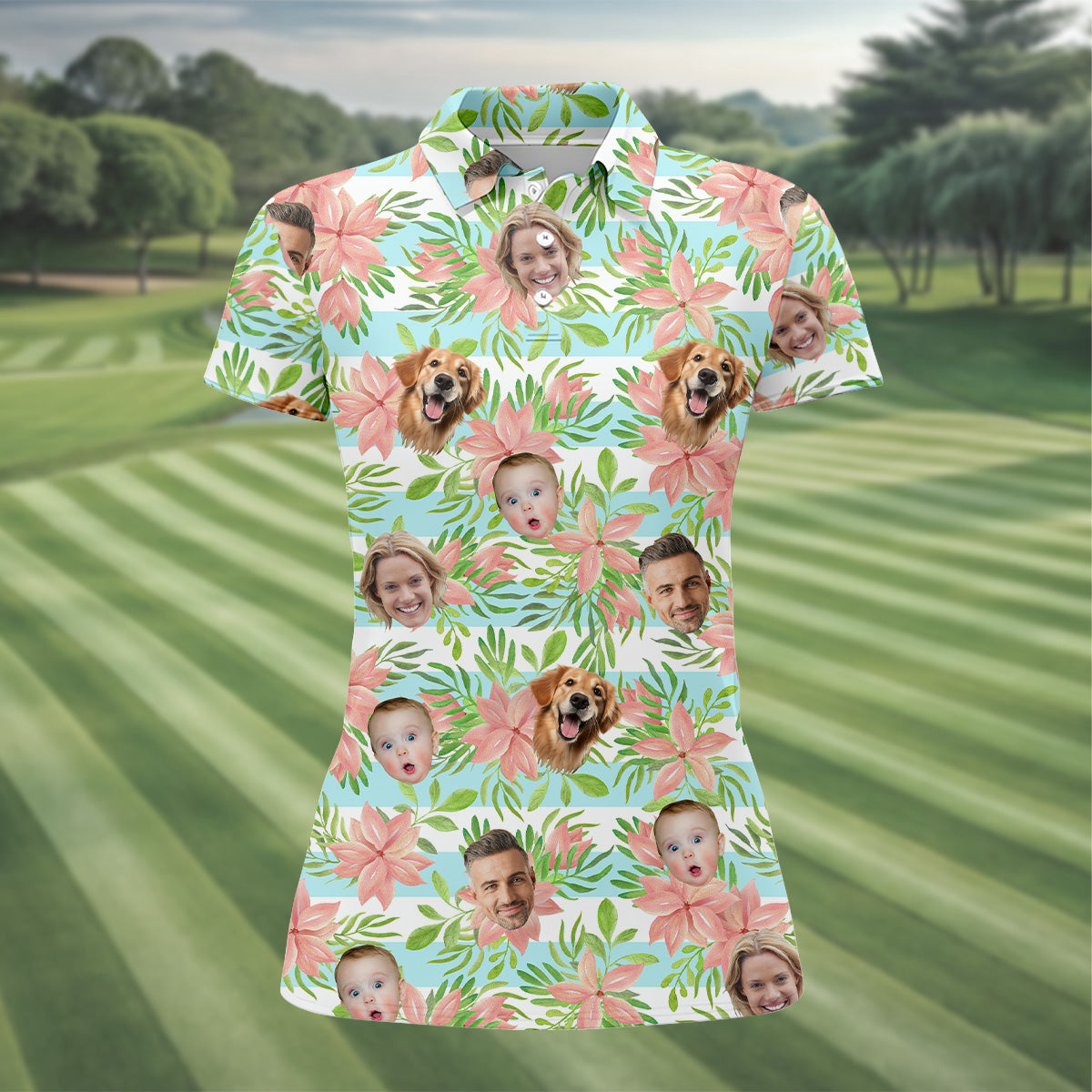 Hawaiian Punch Hibiscus, Pink And Green Shirt, Custom Face Shirt, Women Golf Top, Ladies Golf Polos