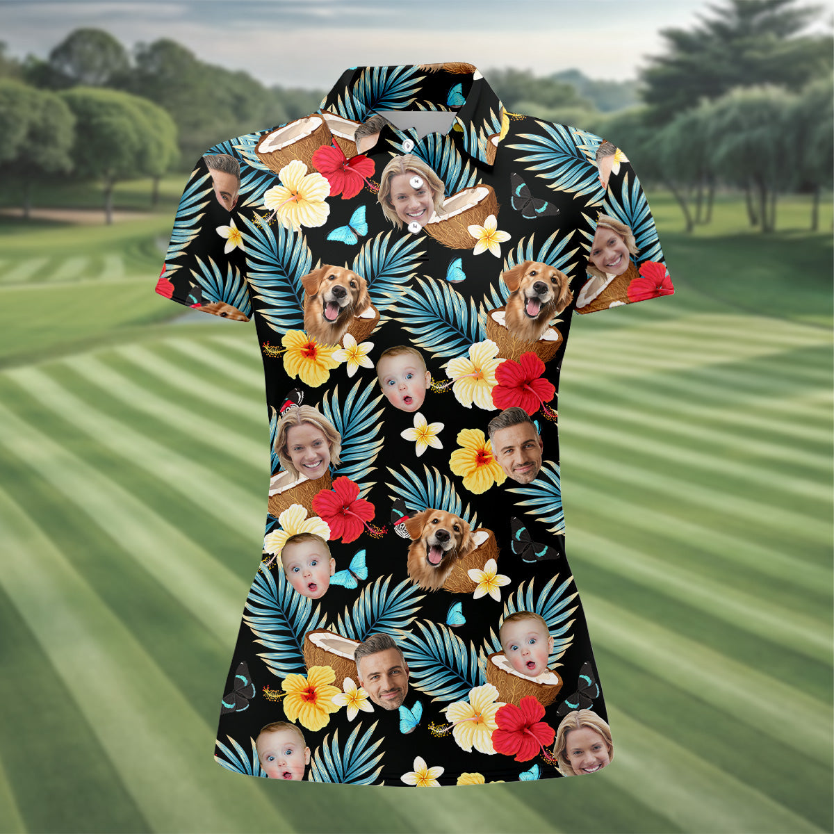 Red And Yellow Hibiscus, Womens Black Golf Shirt, Custom Face Shirt, Ladies Floral Shirt, Ladies Golf Polos