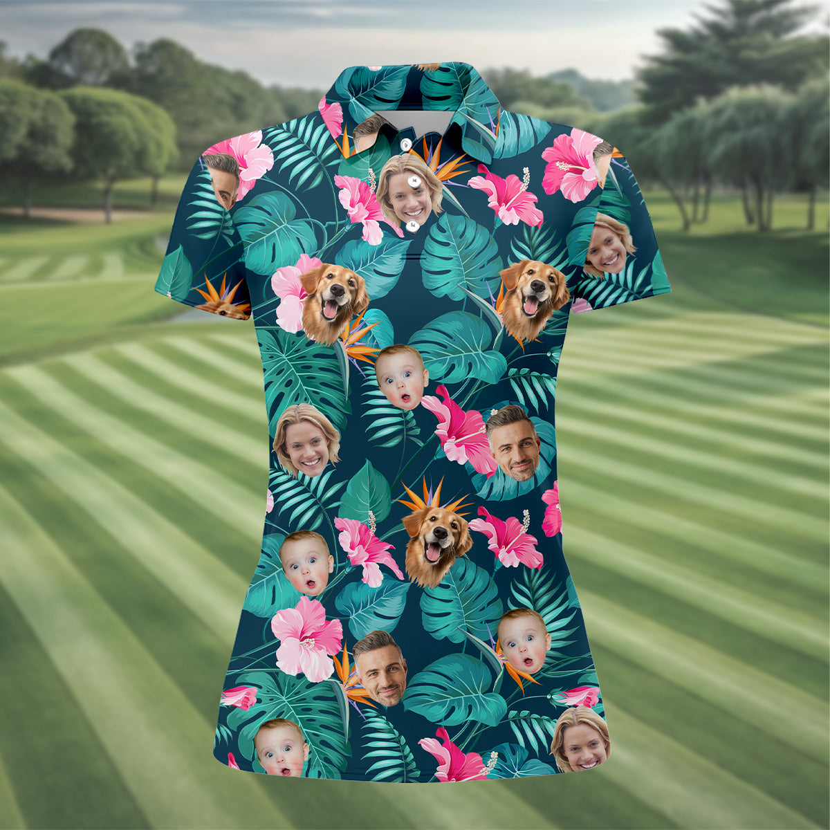 Palm Leaf Pattern, Hibiscus Shirt, Green Hawaiian Shirt, Custom Face Shirt, Women Polo, Ladies Golf Shirts