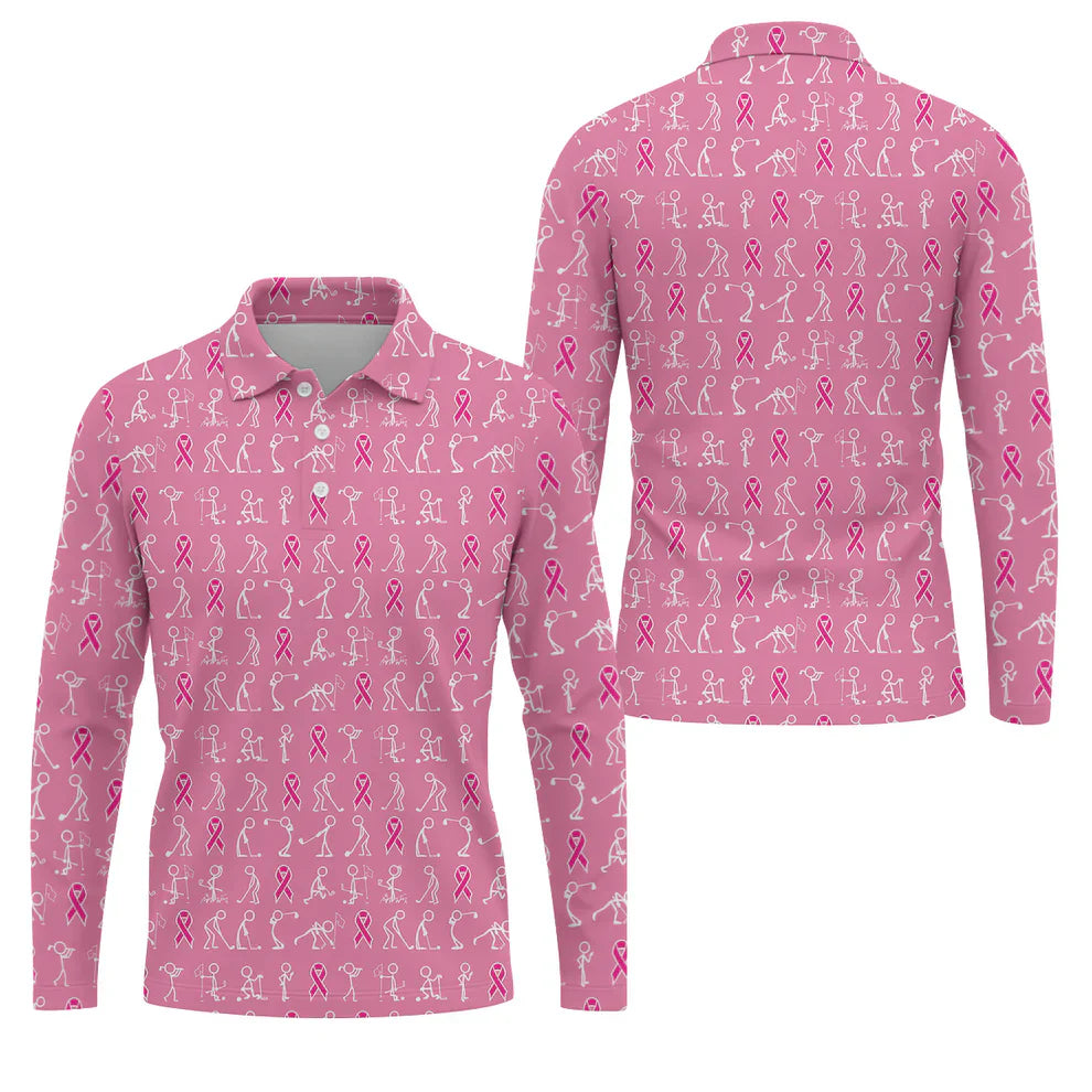 Funny Stick Figure Men's Golf Shirt, Breast Cancer Awareness Shirt, Pink Golf Shirt, Golf Shirts For Men