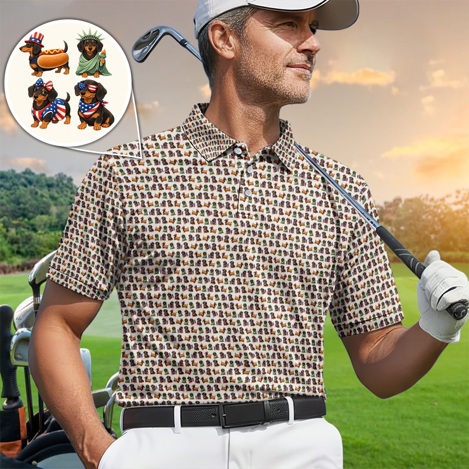 American Dachshund Pattern Golf Shirt, Funny Wiener Dog USA Golf Shirt For Men, Golf Gift For Golfer