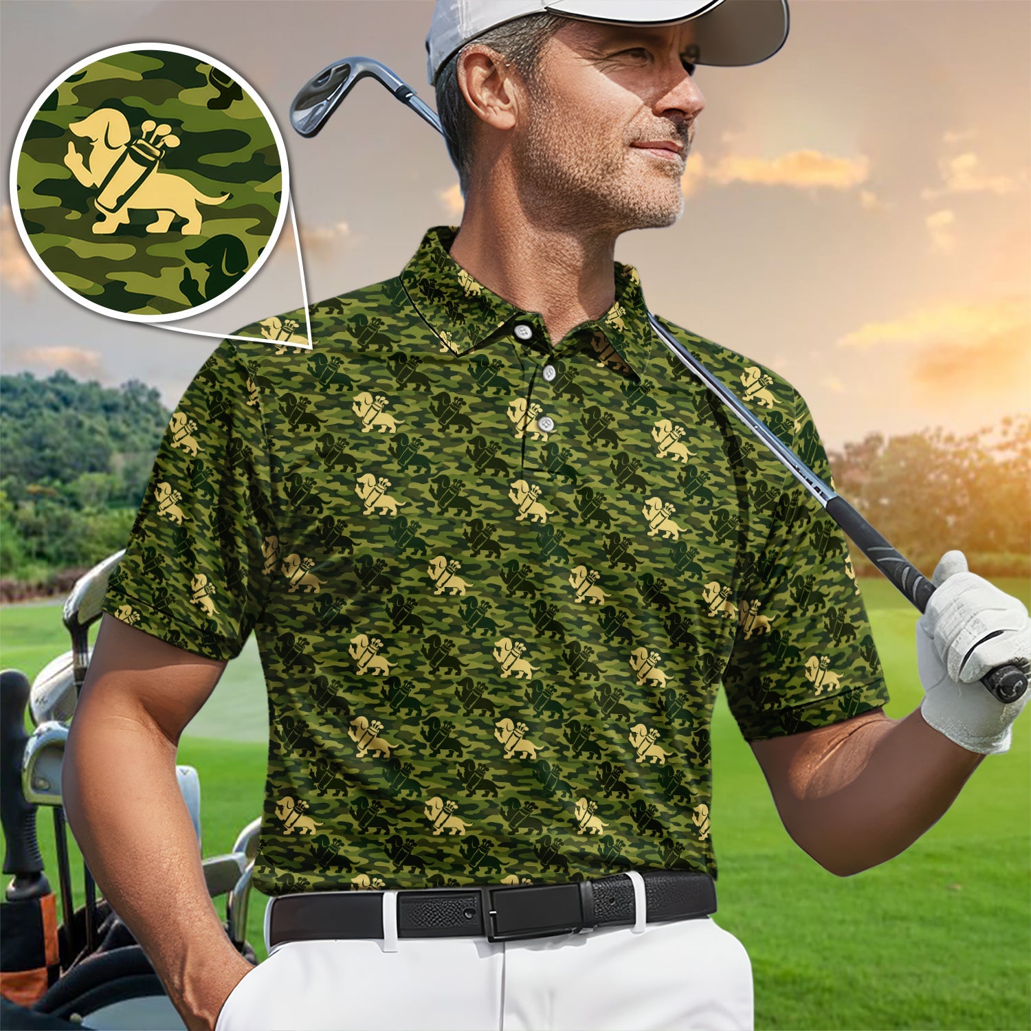 Dachshund Camo Pattern Golf Polos, Wiener Dog Golf Shirt For Golfer, Golf Gift For Men