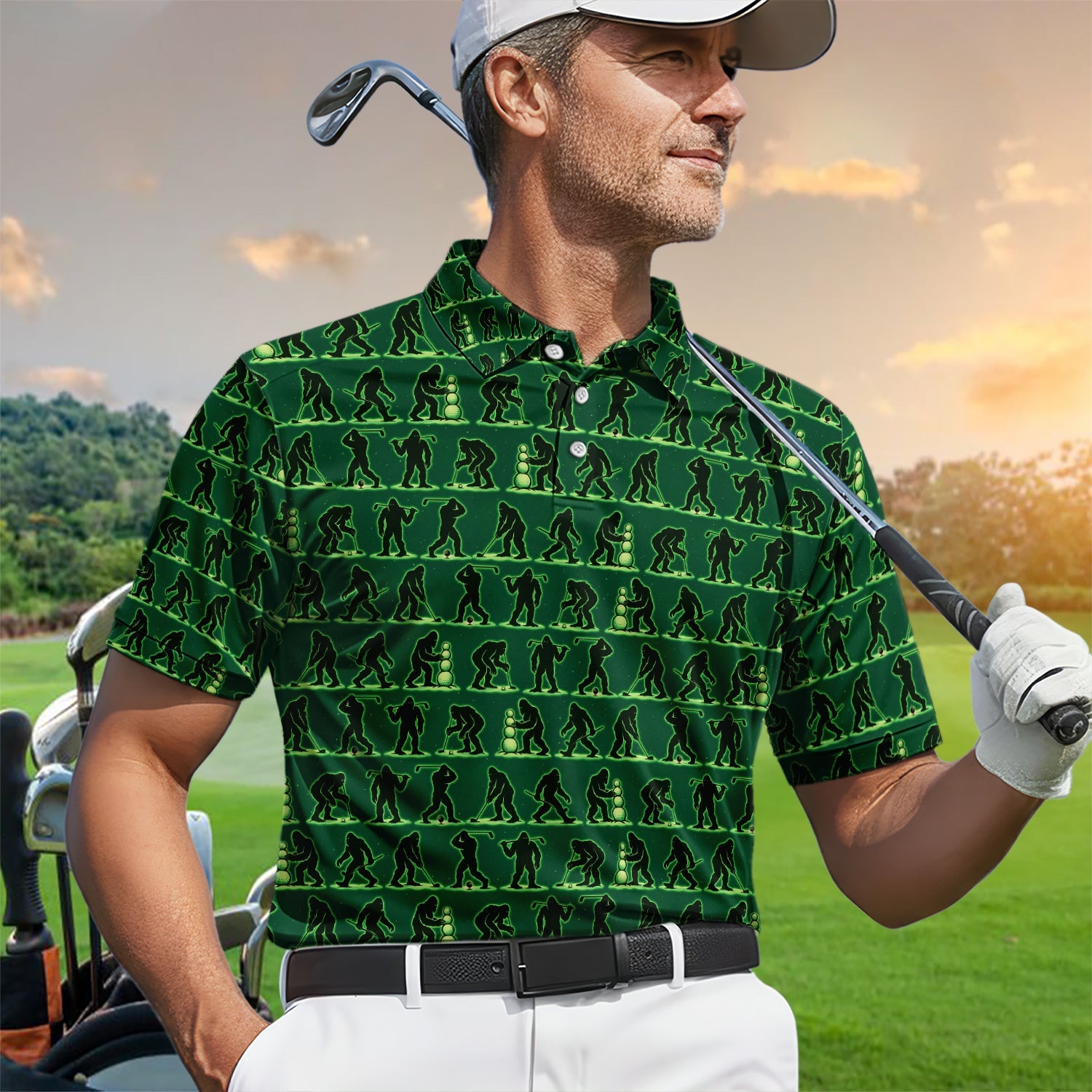 Funny Bigfoot Golf Shirt, Sasquatch Golf Pattern Polos For Men, Crazy Golf Gift For Golfer