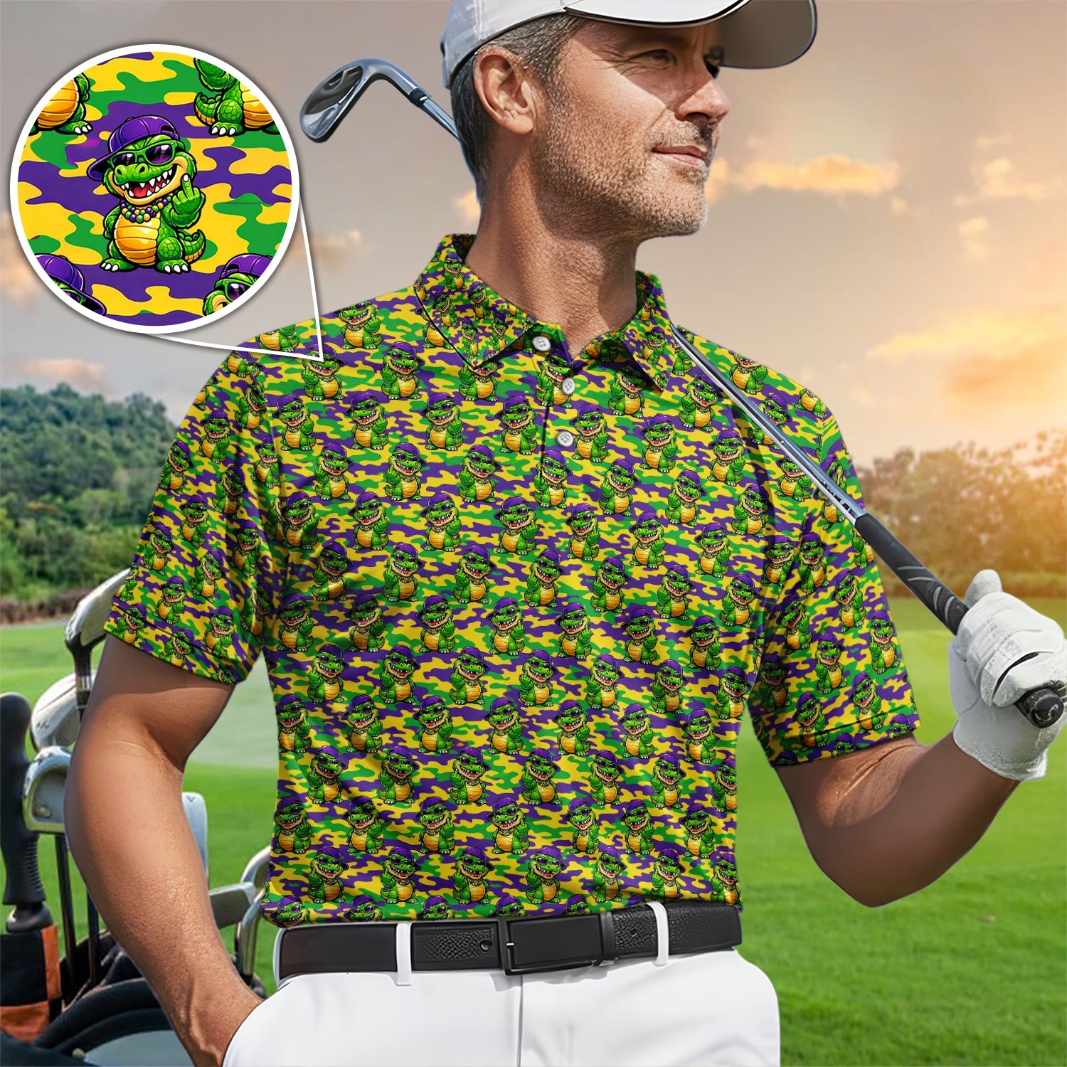 Mardi Gras Gator Golf Shirt, Funny Alligator Camo Pattern Golf Polos, Men Golf Gift