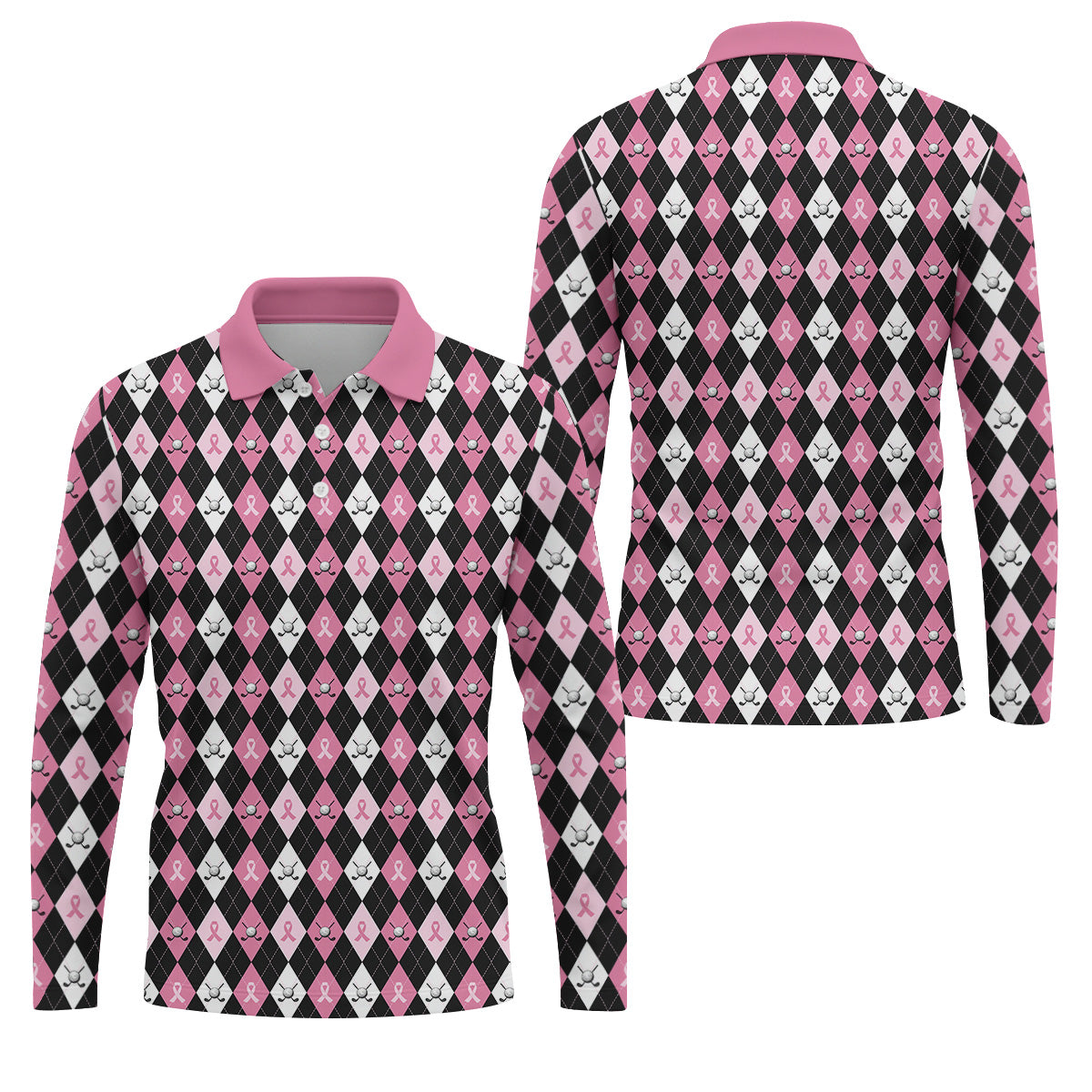 Black Pink Argyle Men's Golf Polo Shirt, Breast Cancer Golf Shirt, Golf Gift For Men, Matching Golf Shirts