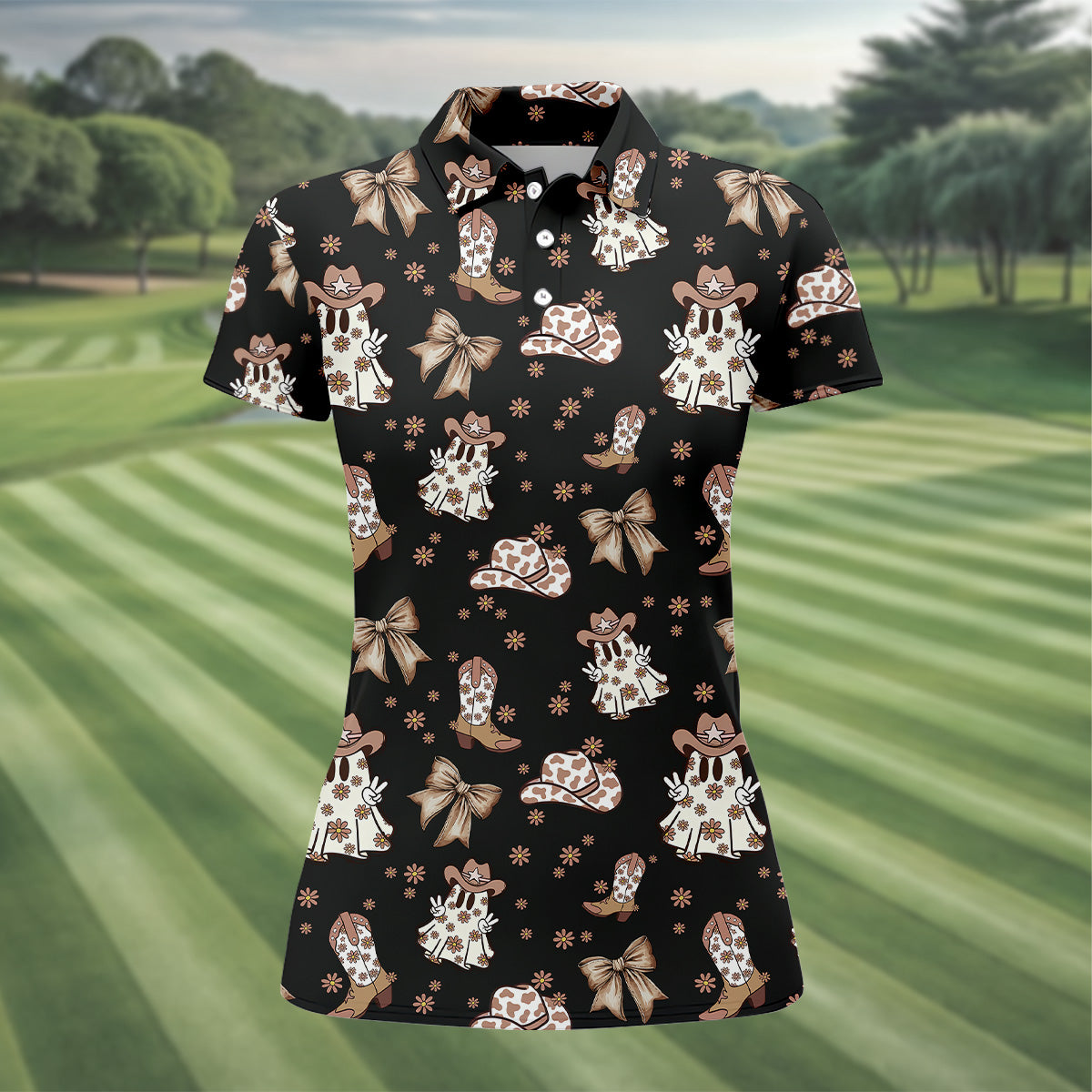 Coquette Halloween Cowboy Ghost Black Fun Womens Golf Shirts, Ladies Sleeveless Polo, Ladies Golf Shirts