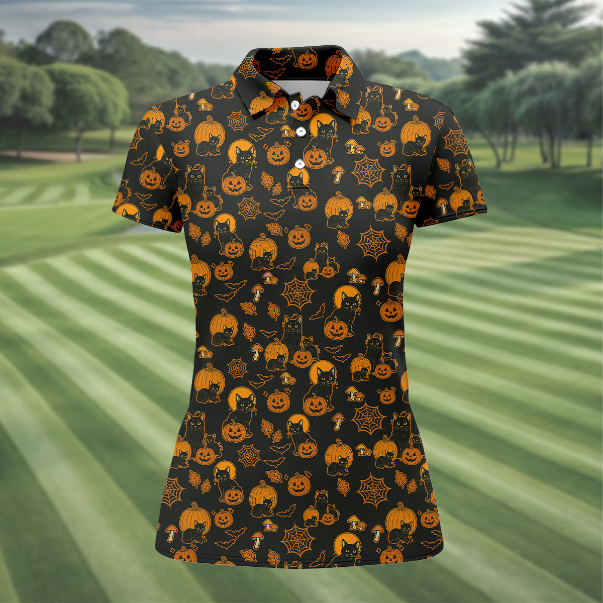 Black Cat Pumpkin Fun Womens Golf Shirts, Sleeveless Polo ShirtLadies Golf Shirts, Golf Hoodie
